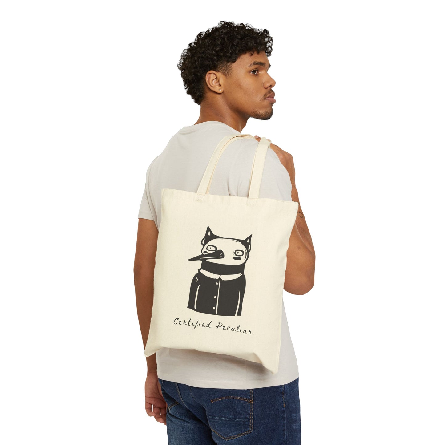 Certified Peculiar Funny Cat Bird Cotton Canvas Tote Bag - Eco-Friendly Shopping & Everyday Use - Folky Quirky Tote Bags