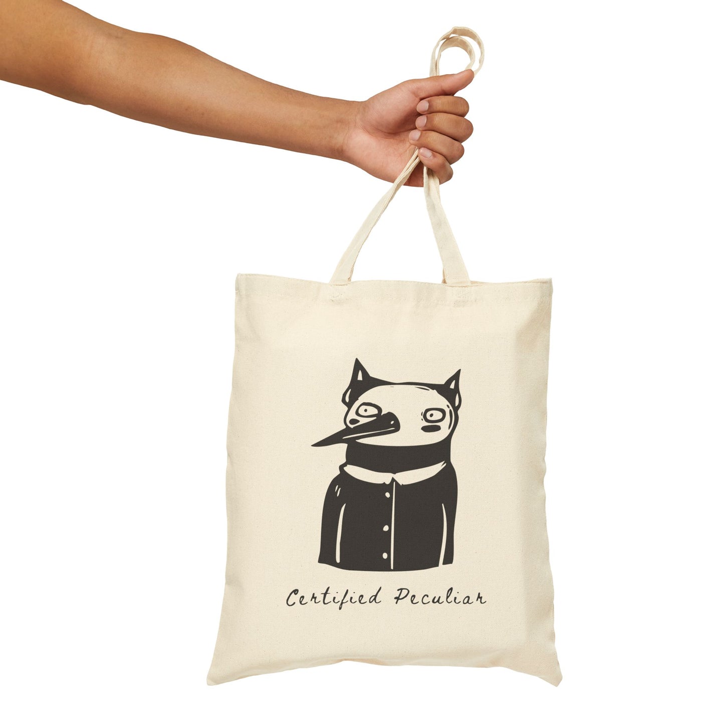 Certified Peculiar Funny Cat Bird Cotton Canvas Tote Bag - Eco-Friendly Shopping & Everyday Use - Folky Quirky Tote Bags