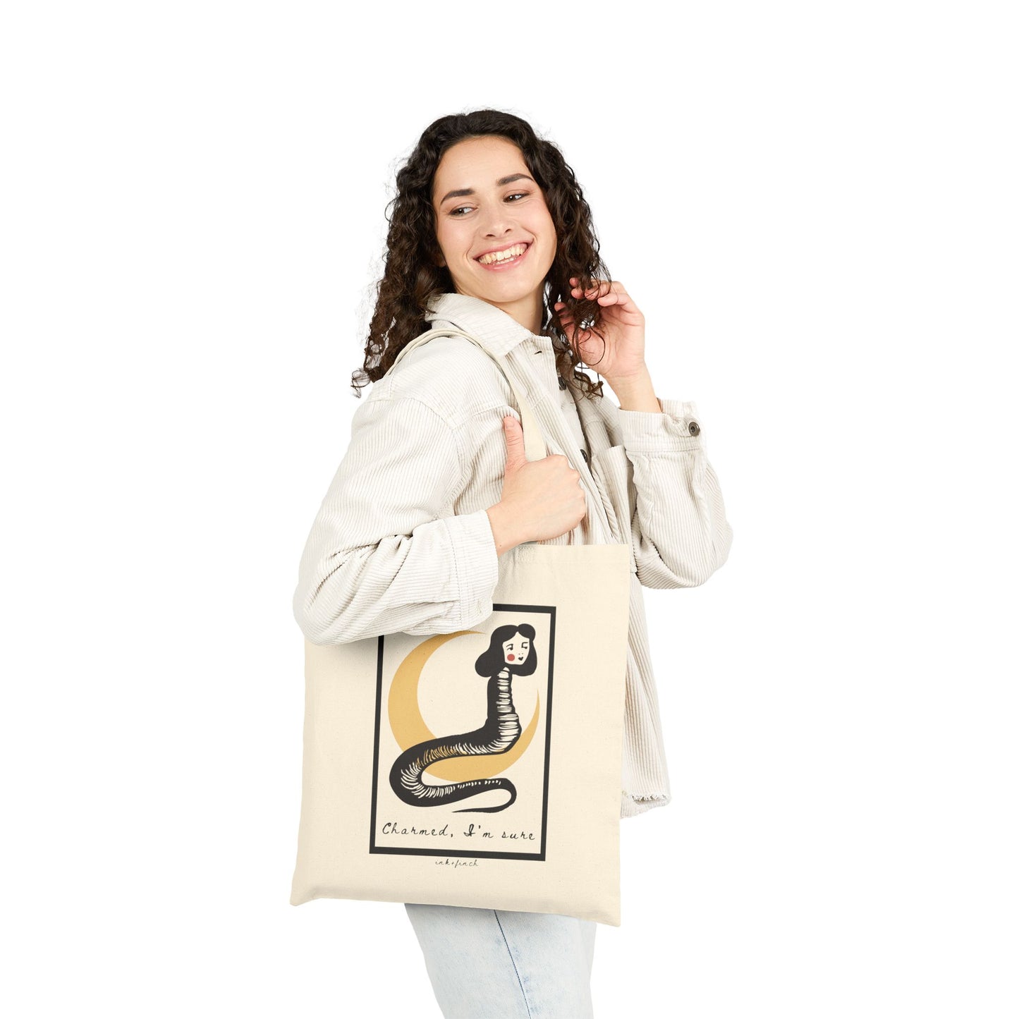 Weird Snake Lady Graphic Cotton Canvas Cryptid Tote Bag - Funny Tote Bags - Custom Tote Bags - Cute Cryptid Tote Bag
