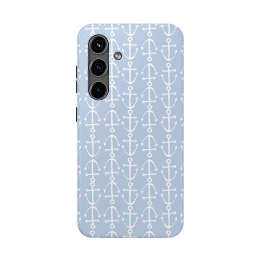 Blue and White Nautical Anchor Phone Case - Coastal Beachy Fisherman Aesthetic Tough Phone Case for Summer - Anchor Phone Case