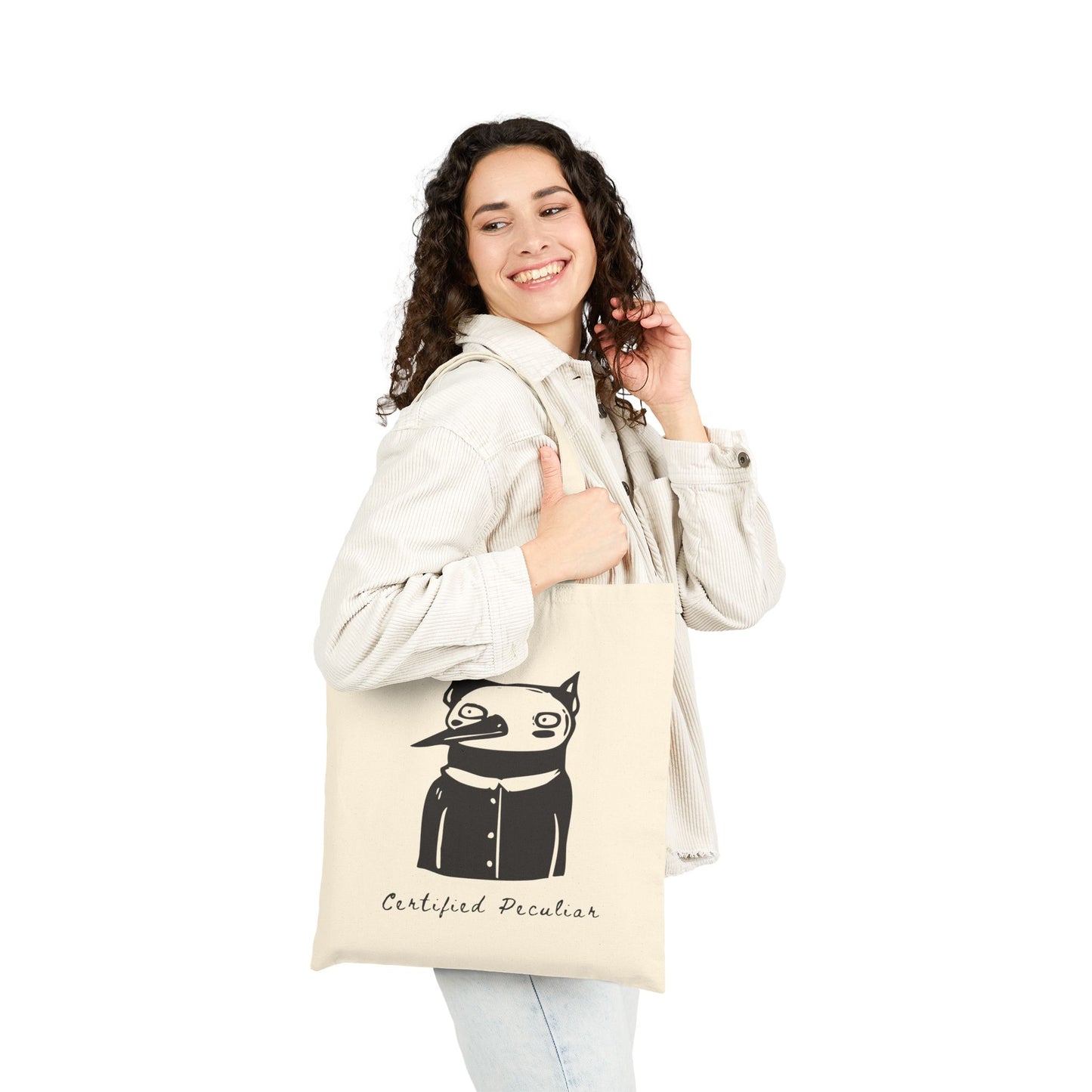 Certified Peculiar Funny Cat Bird Cotton Canvas Tote Bag - Eco-Friendly Shopping & Everyday Use - Folky Quirky Tote Bags
