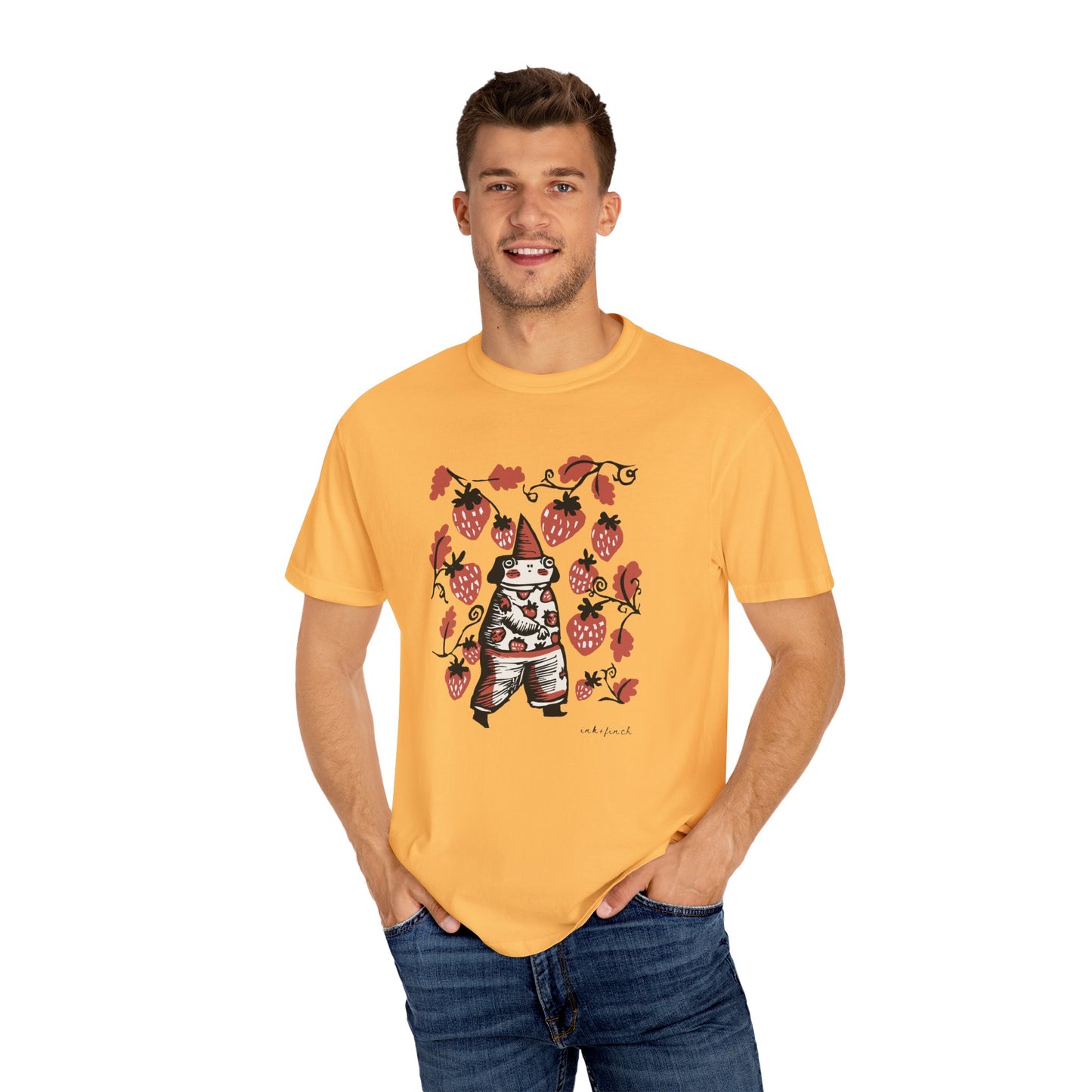 Cute Frog Gnome and Strawberry Graphic T-Shirt - Funny Goblincore Summer Tshirt