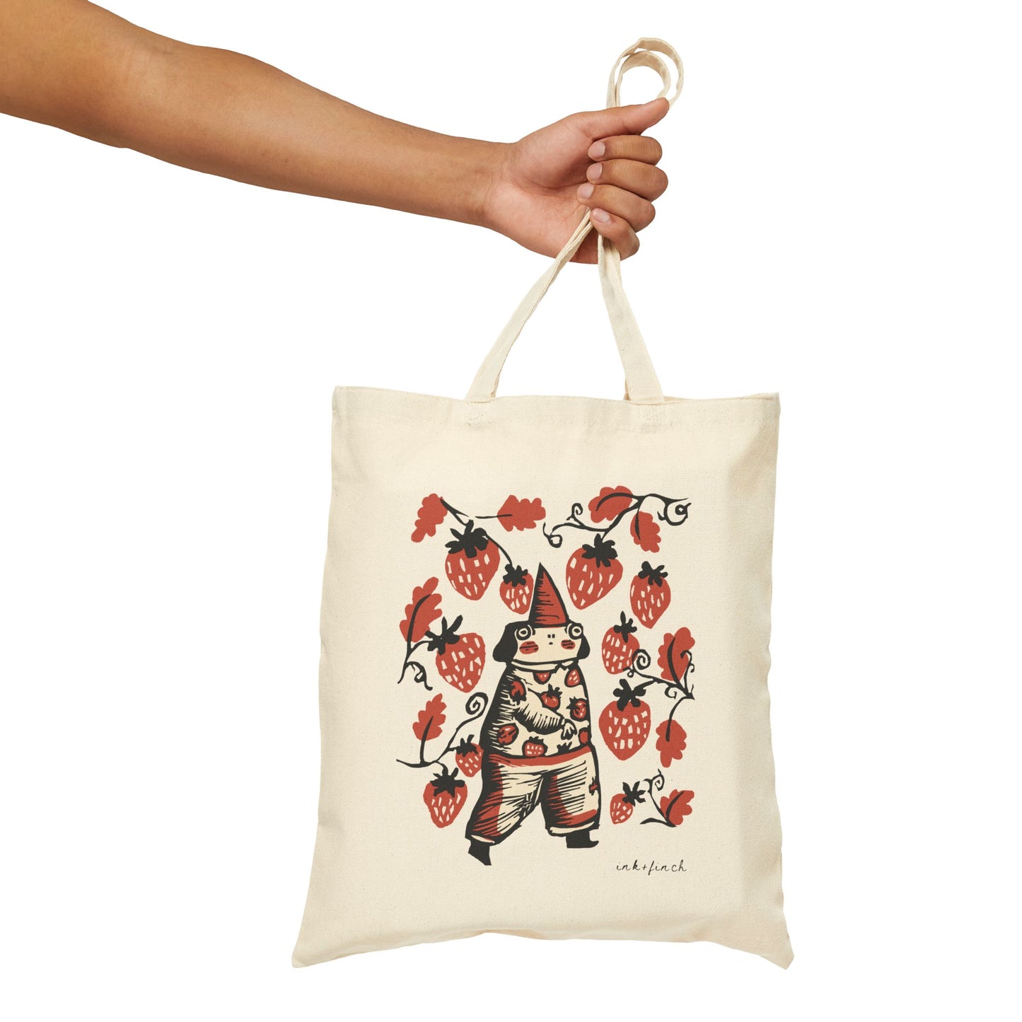 Cute Frog Gnome and Strawberry Graphic Cotton Canvas Tote Bag - Funny Tote Bags - Custom Tote Bags - Frogcore Goblincore Totes
