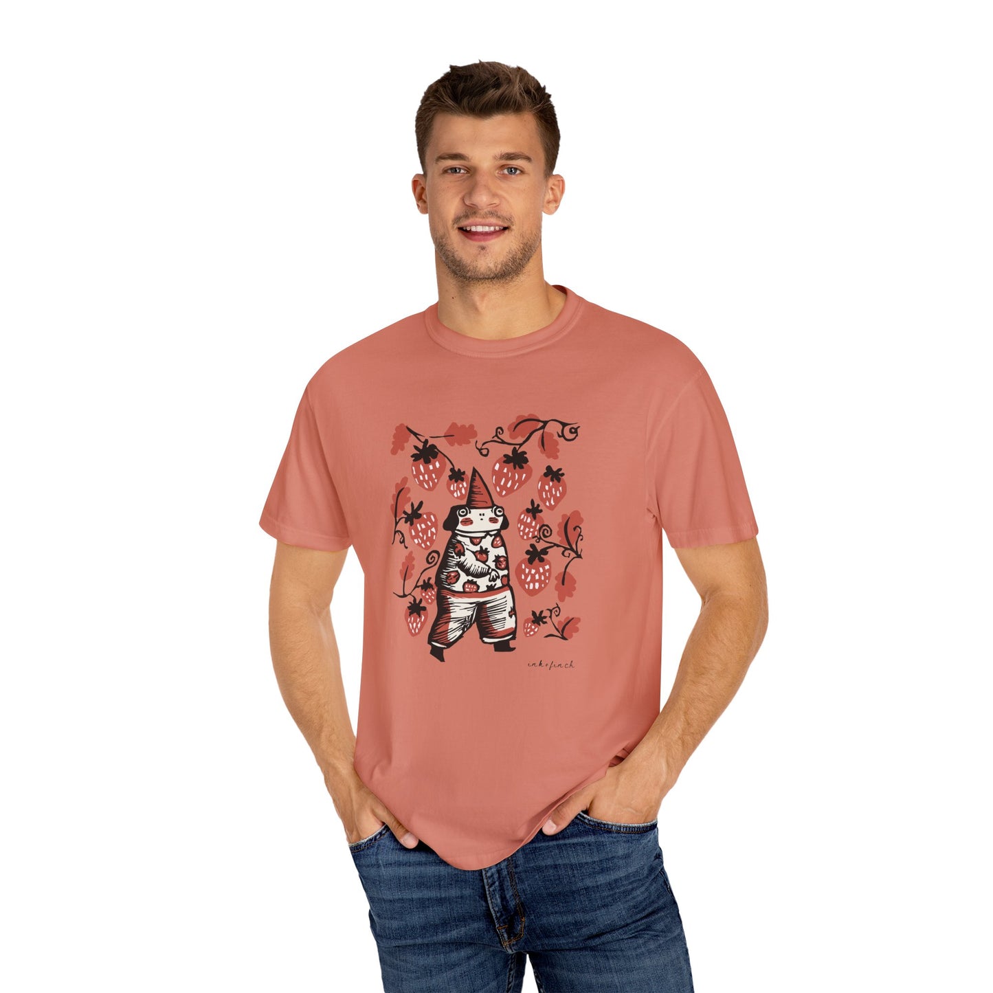 Cute Frog Gnome and Strawberry Graphic T-Shirt - Funny Goblincore Summer Tshirt