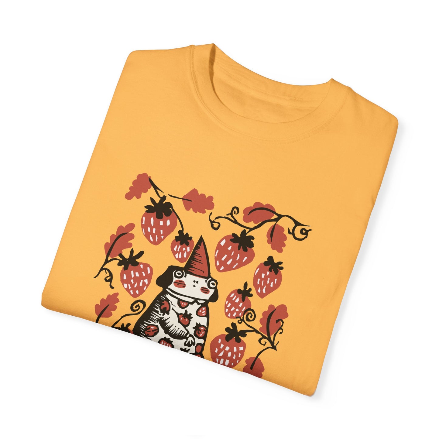 Cute Frog Gnome and Strawberry Graphic T-Shirt - Funny Goblincore Summer Tshirt