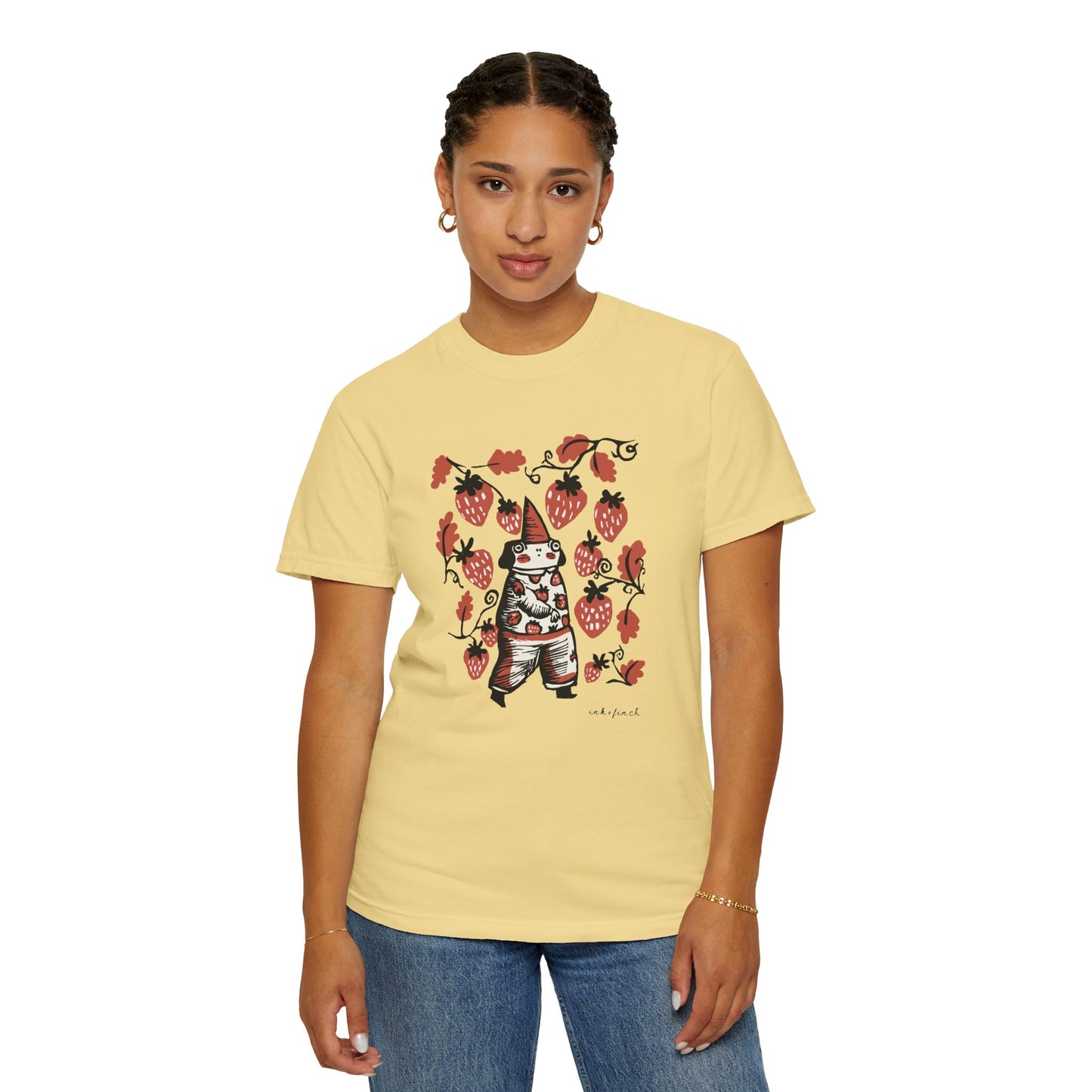 Cute Frog Gnome and Strawberry Graphic T-Shirt - Funny Goblincore Summer Tshirt