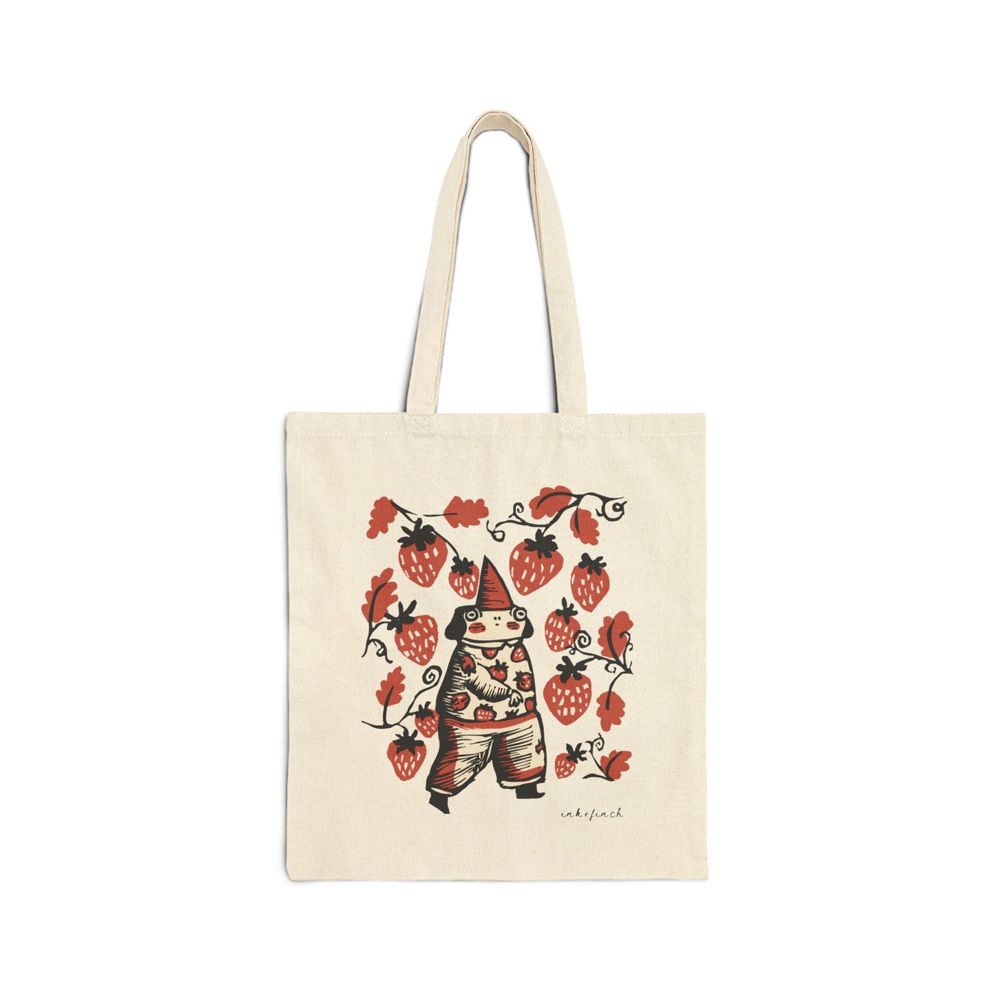 Cute Frog Gnome and Strawberry Graphic Cotton Canvas Tote Bag - Funny Tote Bags - Custom Tote Bags - Frogcore Goblincore Totes