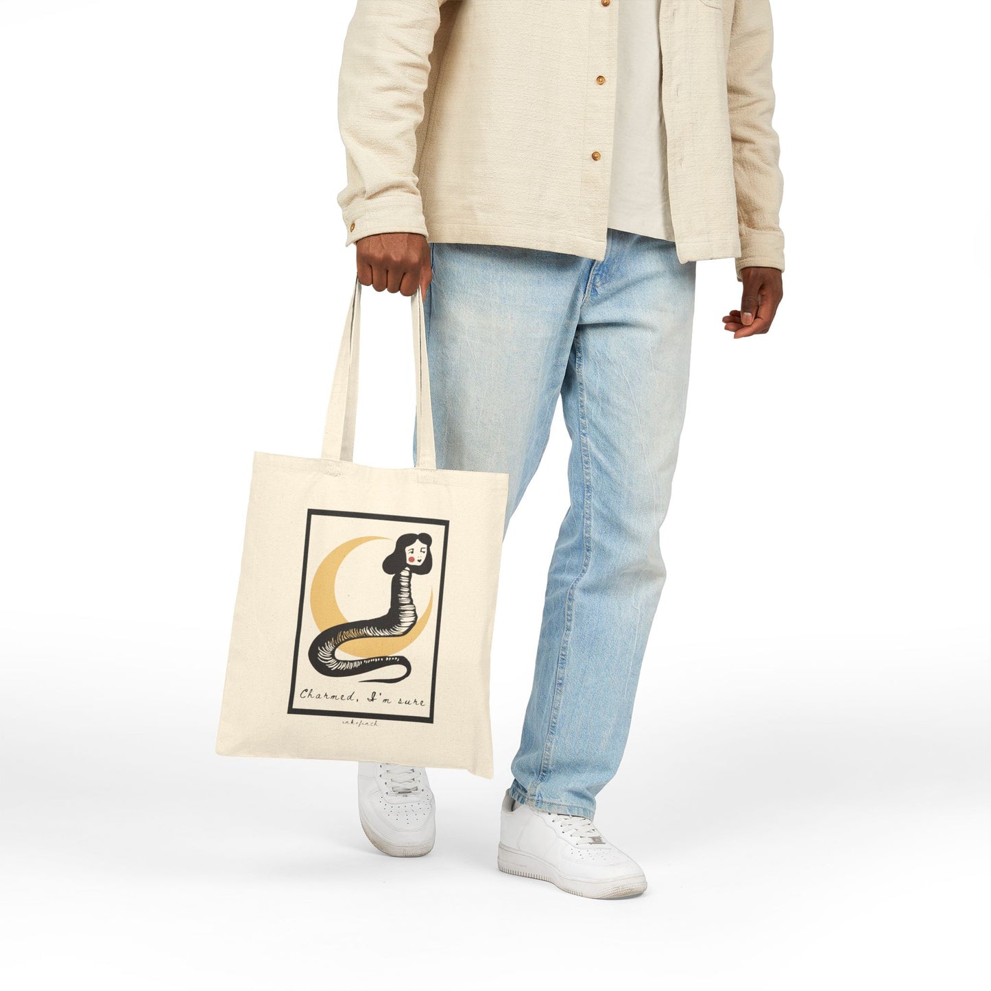 Weird Snake Lady Graphic Cotton Canvas Cryptid Tote Bag - Funny Tote Bags - Custom Tote Bags - Cute Cryptid Tote Bag