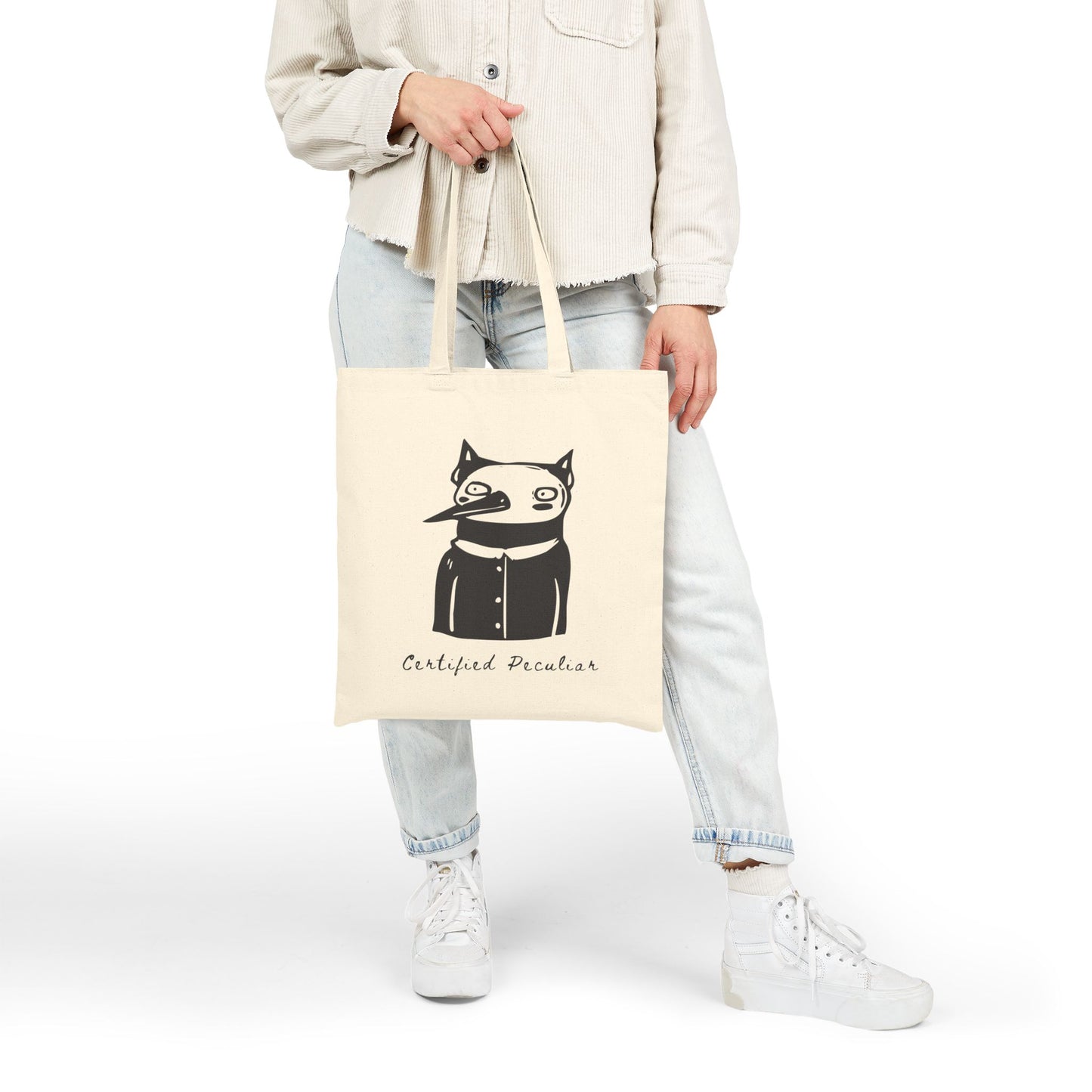 Certified Peculiar Funny Cat Bird Cotton Canvas Tote Bag - Eco-Friendly Shopping & Everyday Use - Folky Quirky Tote Bags