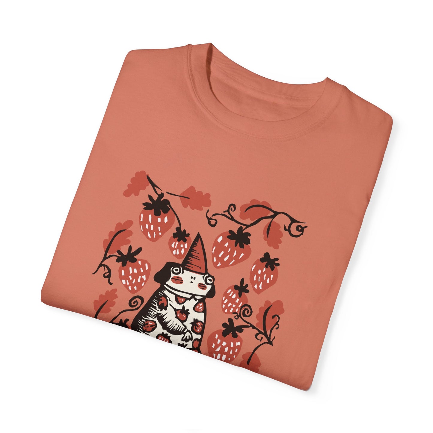 Cute Frog Gnome and Strawberry Graphic T-Shirt - Funny Goblincore Summer Tshirt