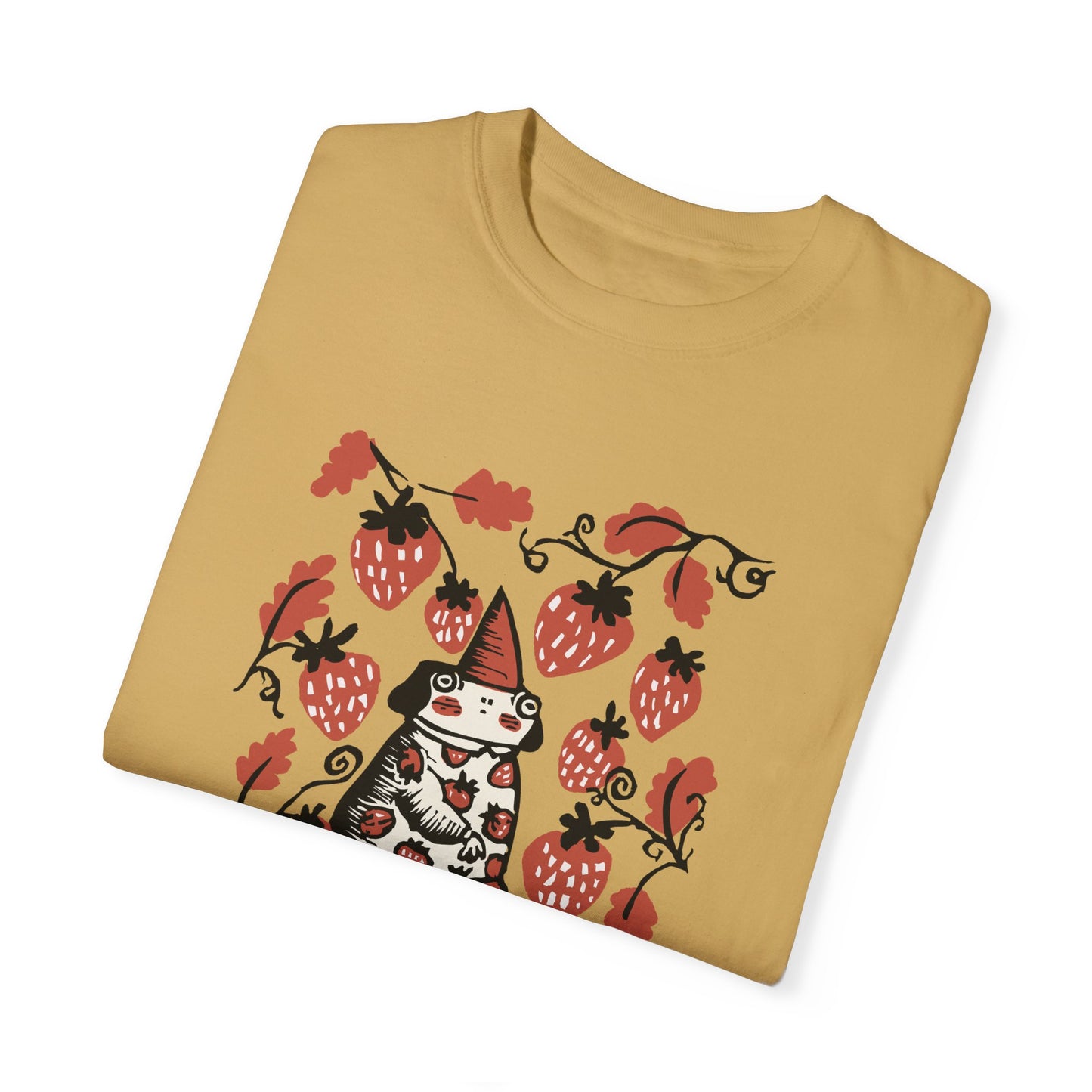 Cute Frog Gnome and Strawberry Graphic T-Shirt - Funny Goblincore Summer Tshirt
