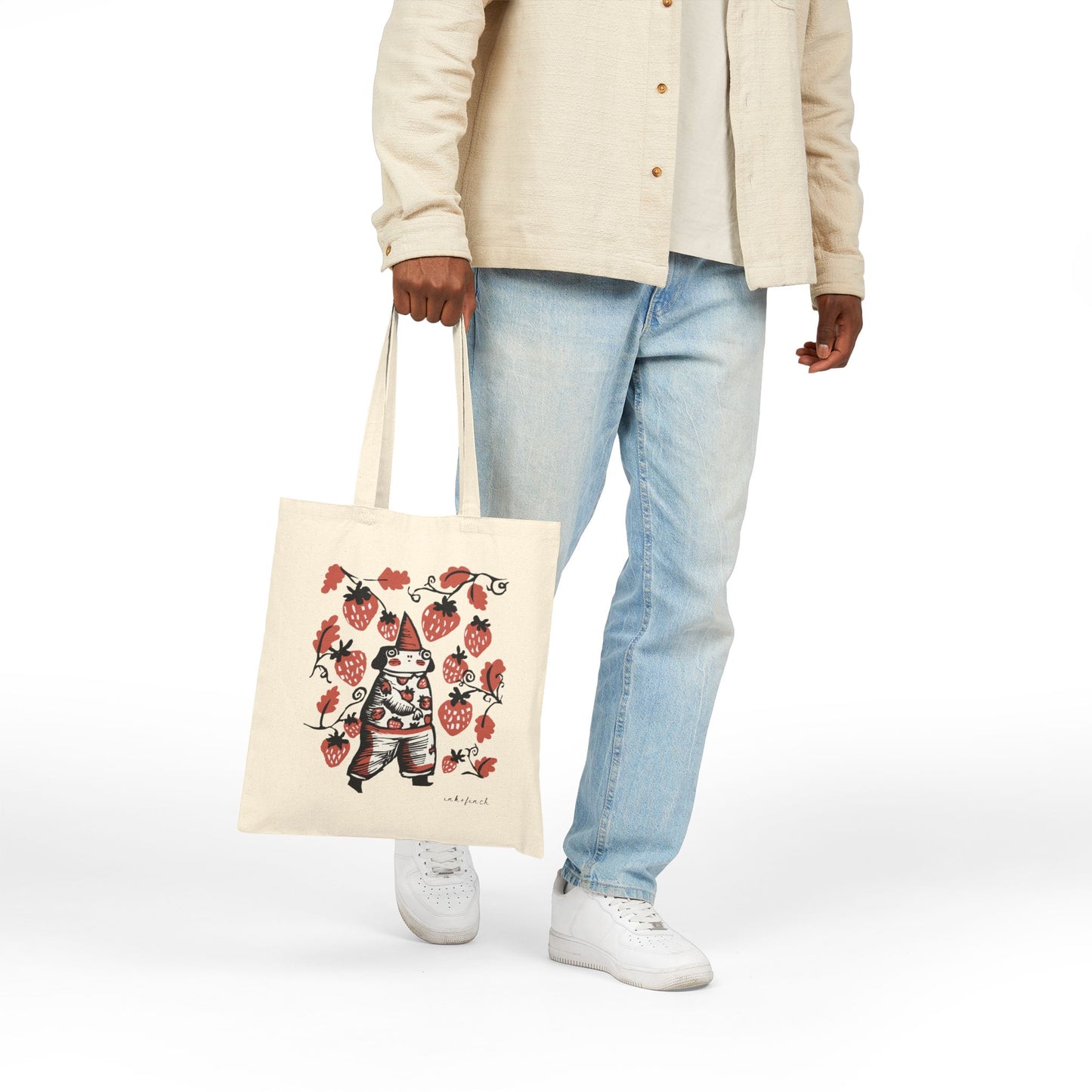 Cute Frog Gnome and Strawberry Graphic Cotton Canvas Tote Bag - Funny Tote Bags - Custom Tote Bags - Frogcore Goblincore Totes