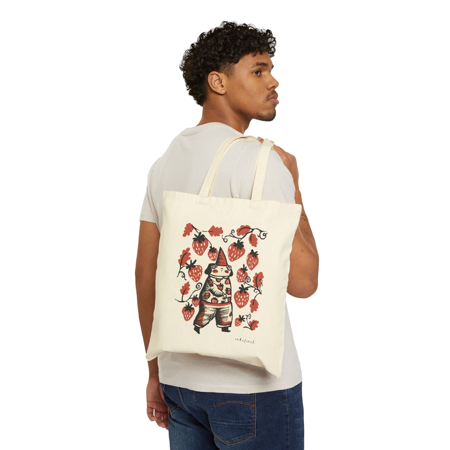 Cute Frog Gnome and Strawberry Graphic Cotton Canvas Tote Bag - Funny Tote Bags - Custom Tote Bags - Frogcore Goblincore Totes
