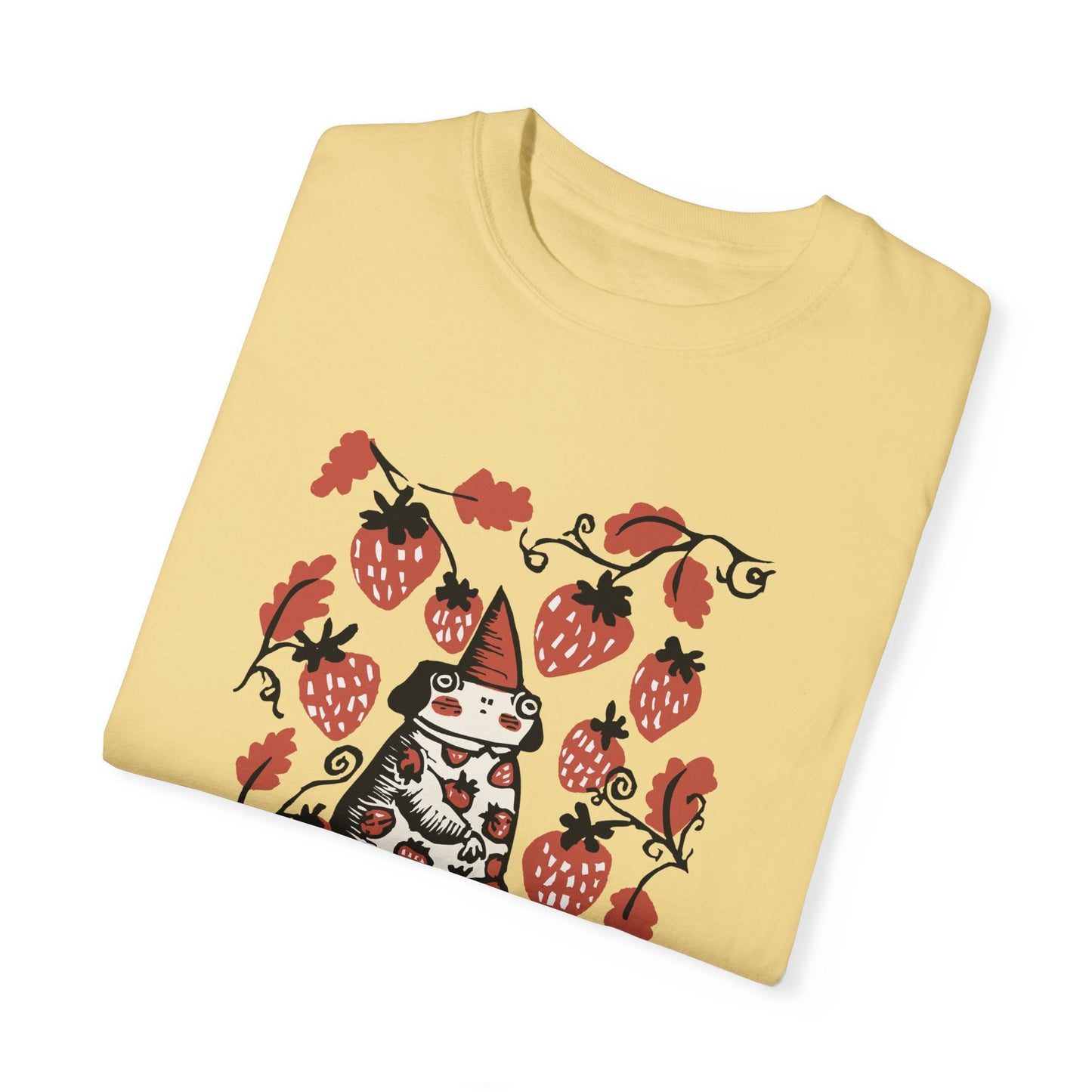 Cute Frog Gnome and Strawberry Graphic T-Shirt - Funny Goblincore Summer Tshirt