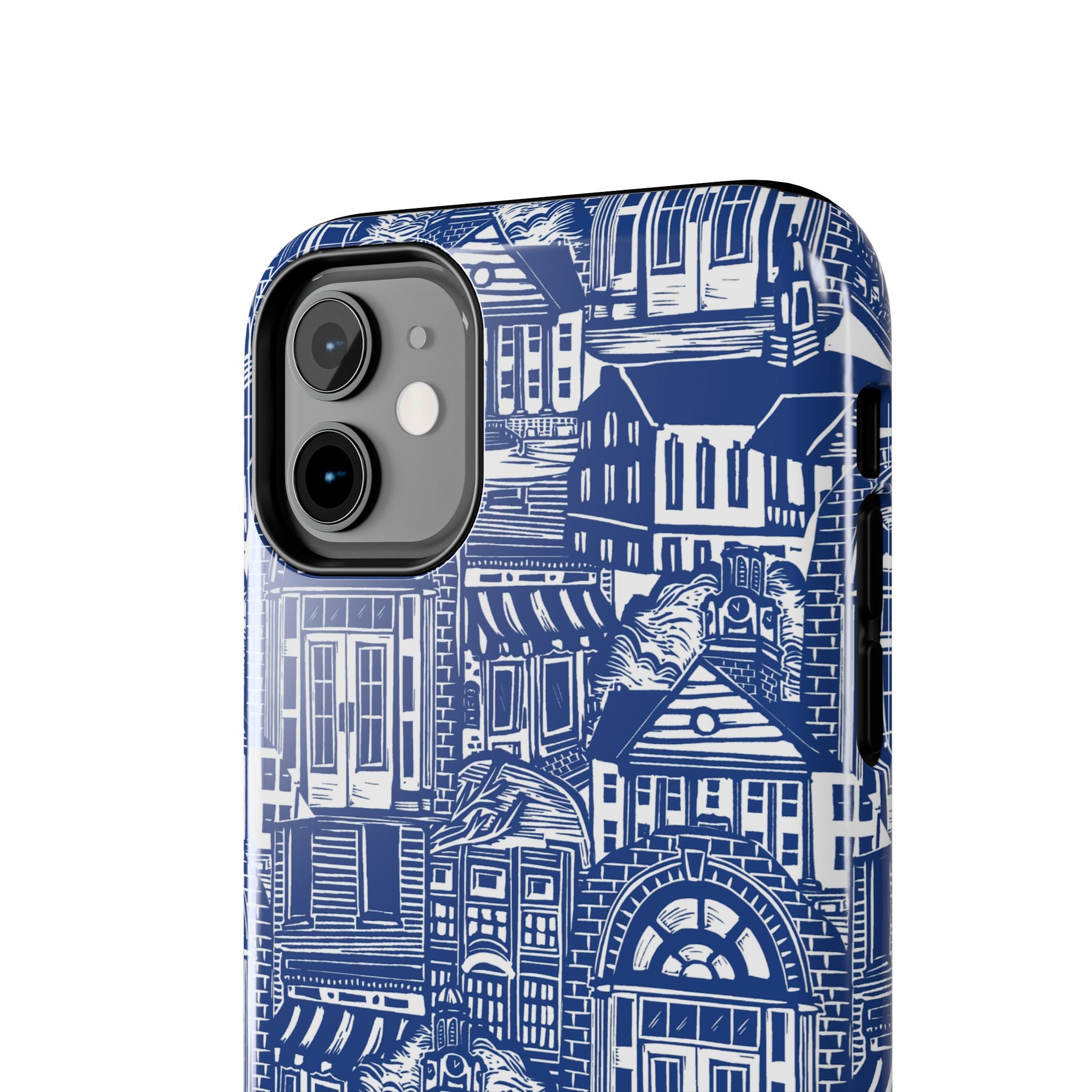 Doorway Cottage Pattern Tough Phone Case — Blue Architectural Houses Protective Cover