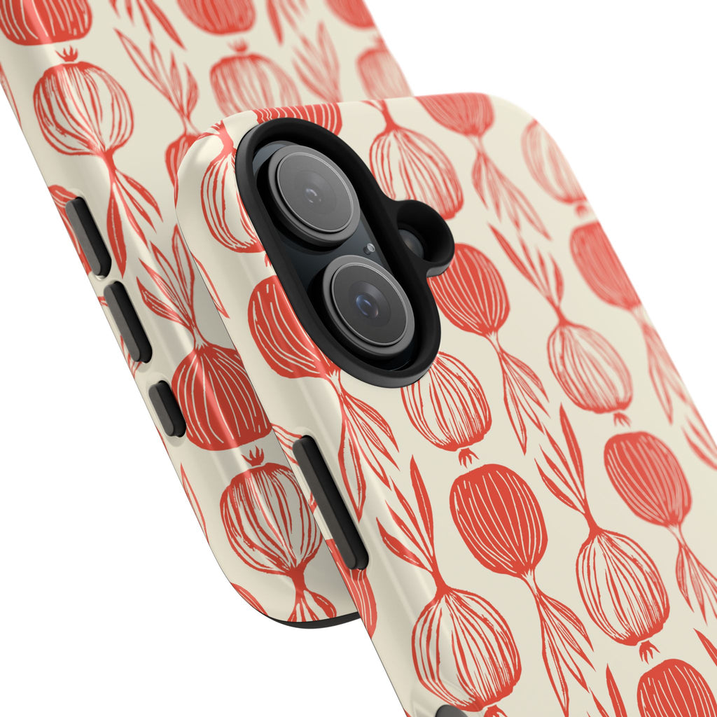 Floral Onion Pattern Tough Phone Case — Red Botanical Protective Phone Cover