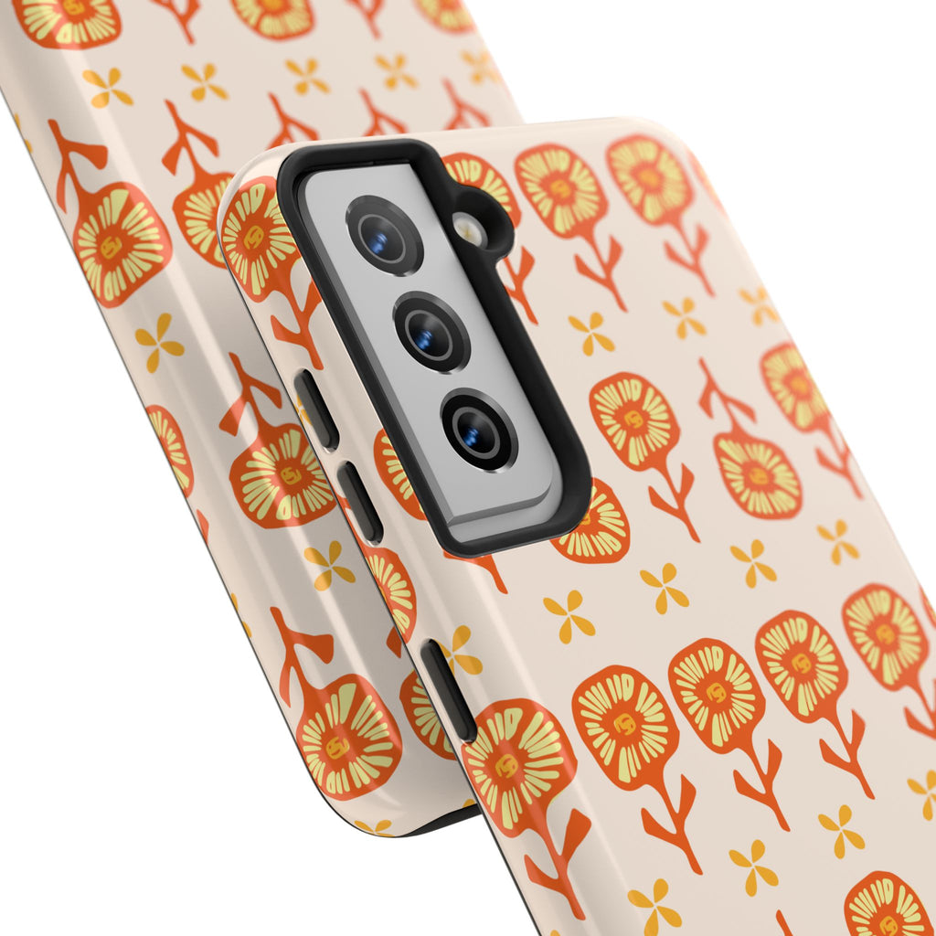 Retro Orange Floral Tough Phone Case — Durable Protective Phone Cover