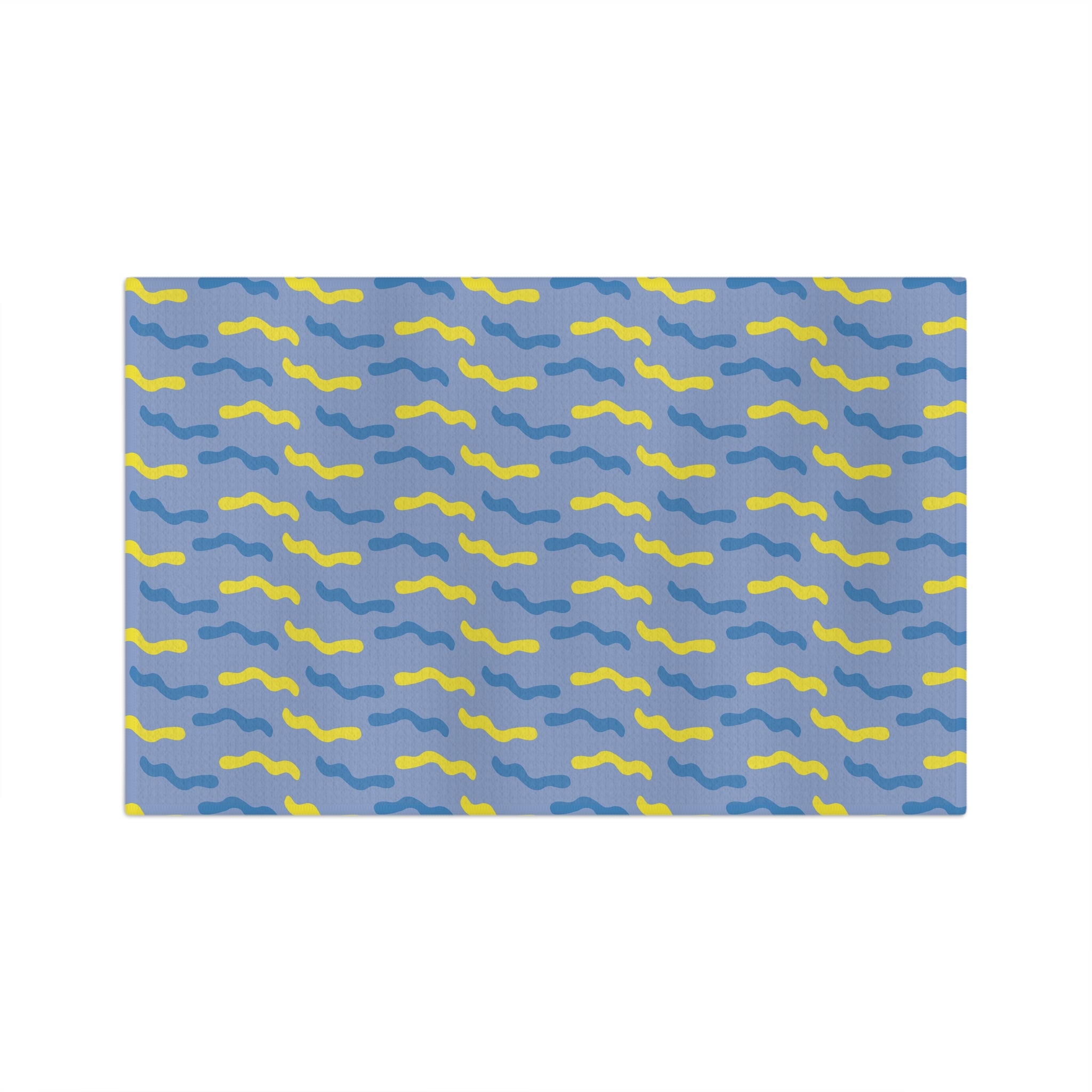 Abstract Wavy Blue Microfiber Tea Towel — Light Blue with Dark Blue & Yellow Lines