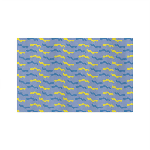 Abstract Wavy Blue Microfiber Tea Towel — Light Blue with Dark Blue & Yellow Lines