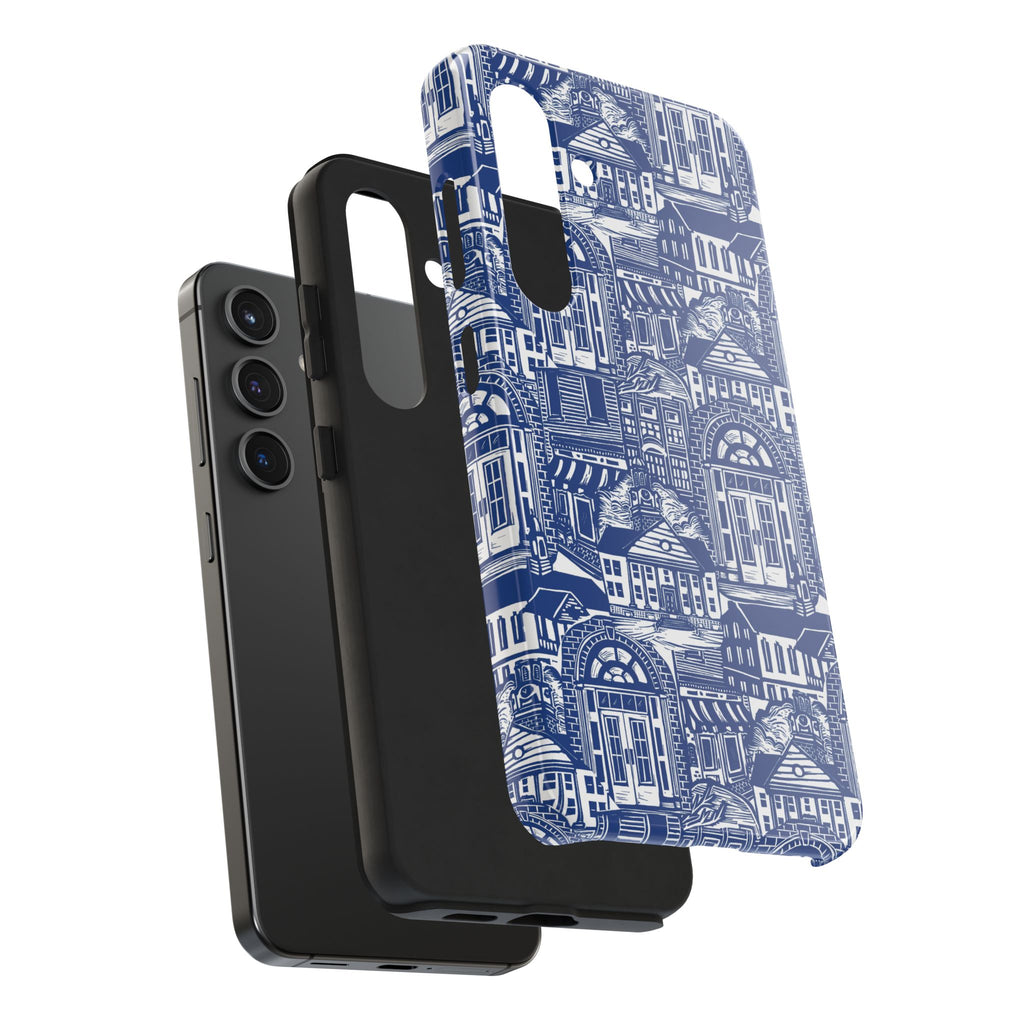 Doorway Cottage Pattern Tough Phone Case — Blue Architectural Houses Protective Cover
