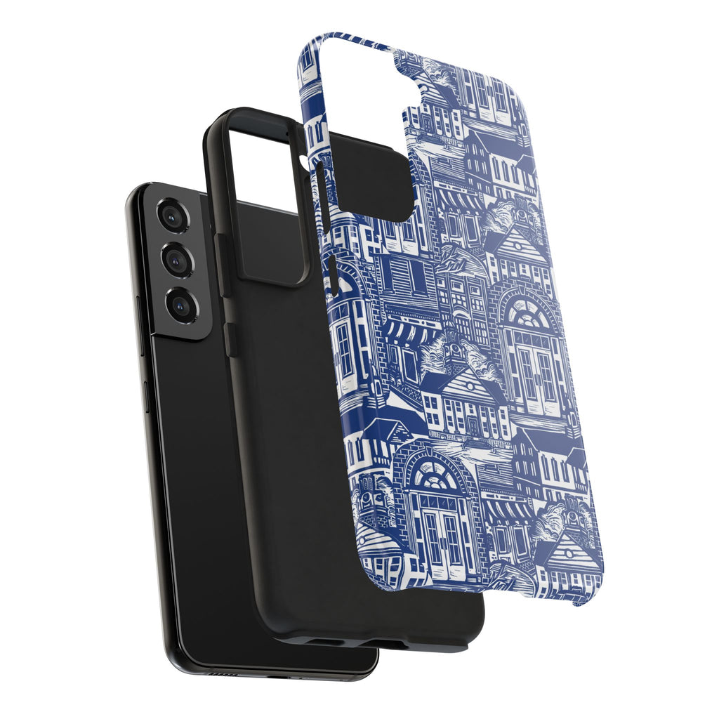 Doorway Cottage Pattern Tough Phone Case — Blue Architectural Houses Protective Cover