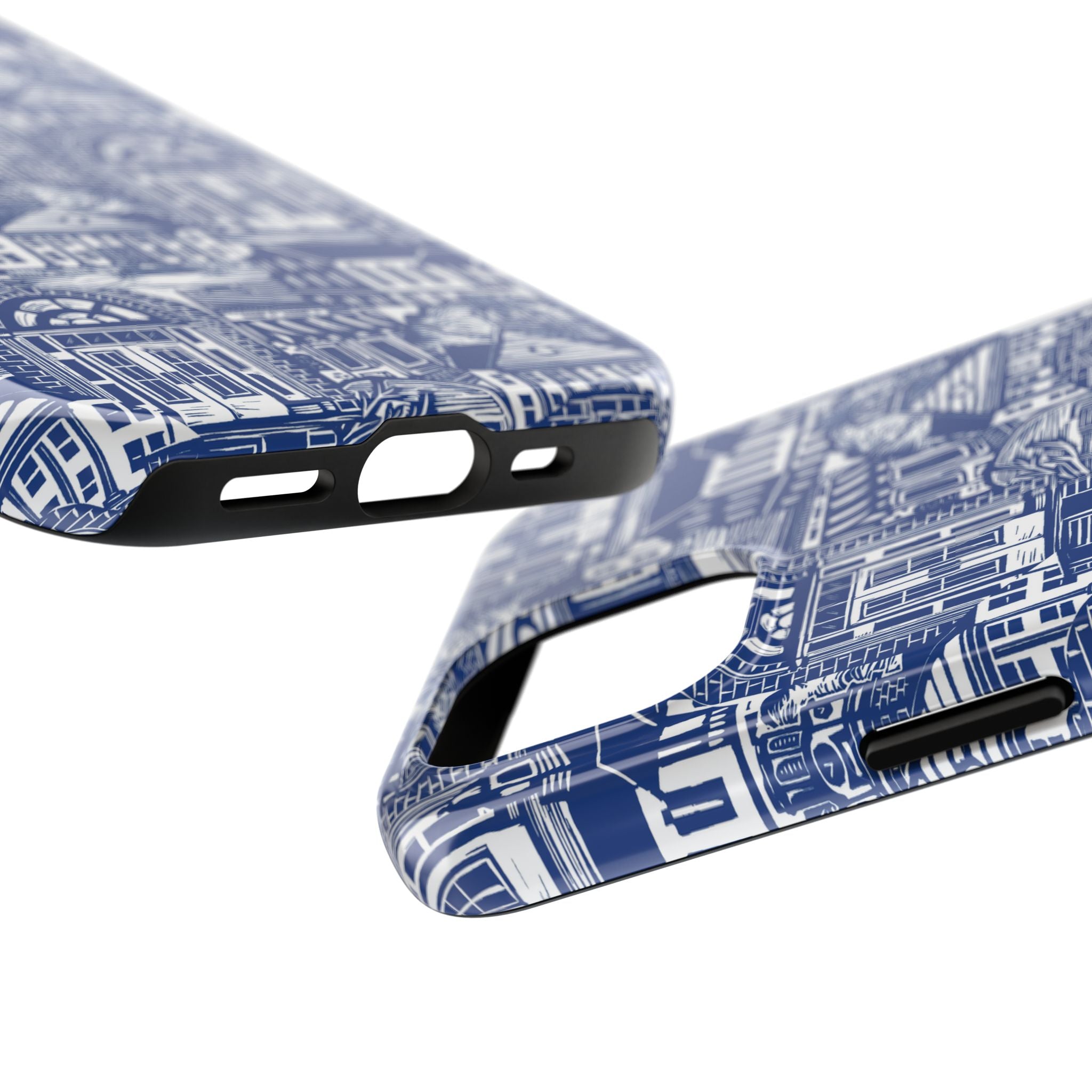 Doorway Cottage Pattern Tough Phone Case — Blue Architectural Houses Protective Cover