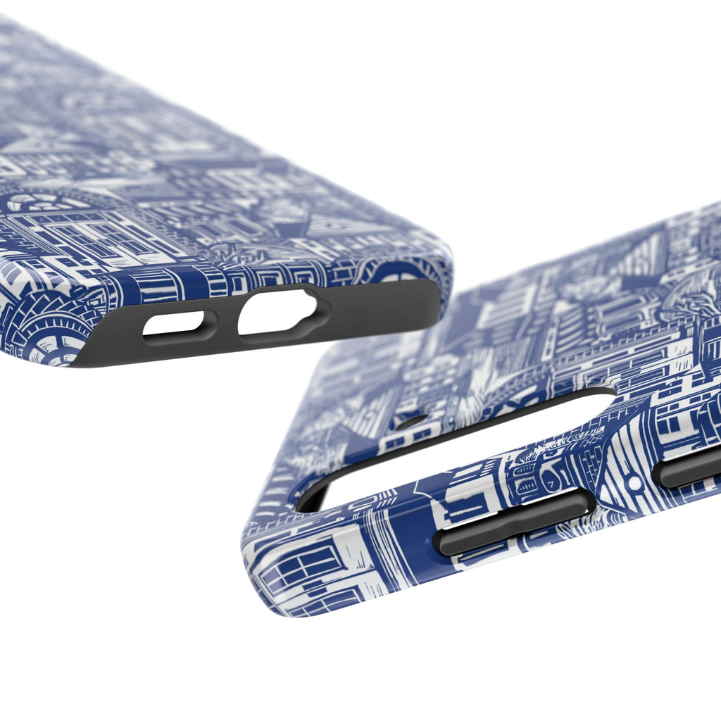 Doorway Cottage Pattern Tough Phone Case — Blue Architectural Houses Protective Cover