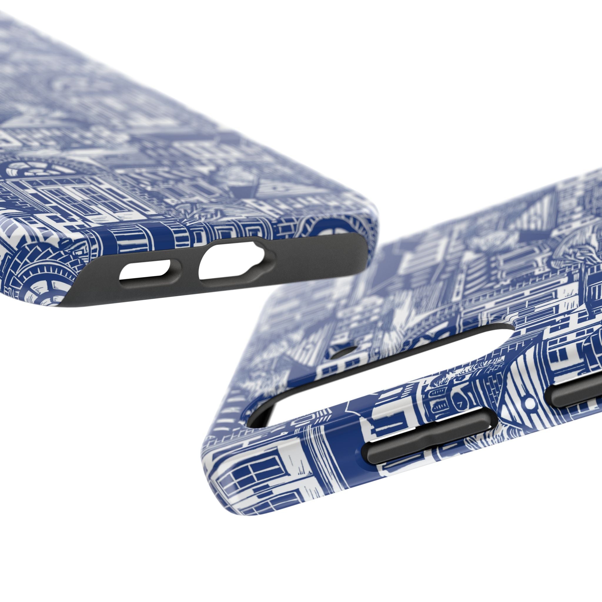 Doorway Cottage Pattern Tough Phone Case — Blue Architectural Houses Protective Cover