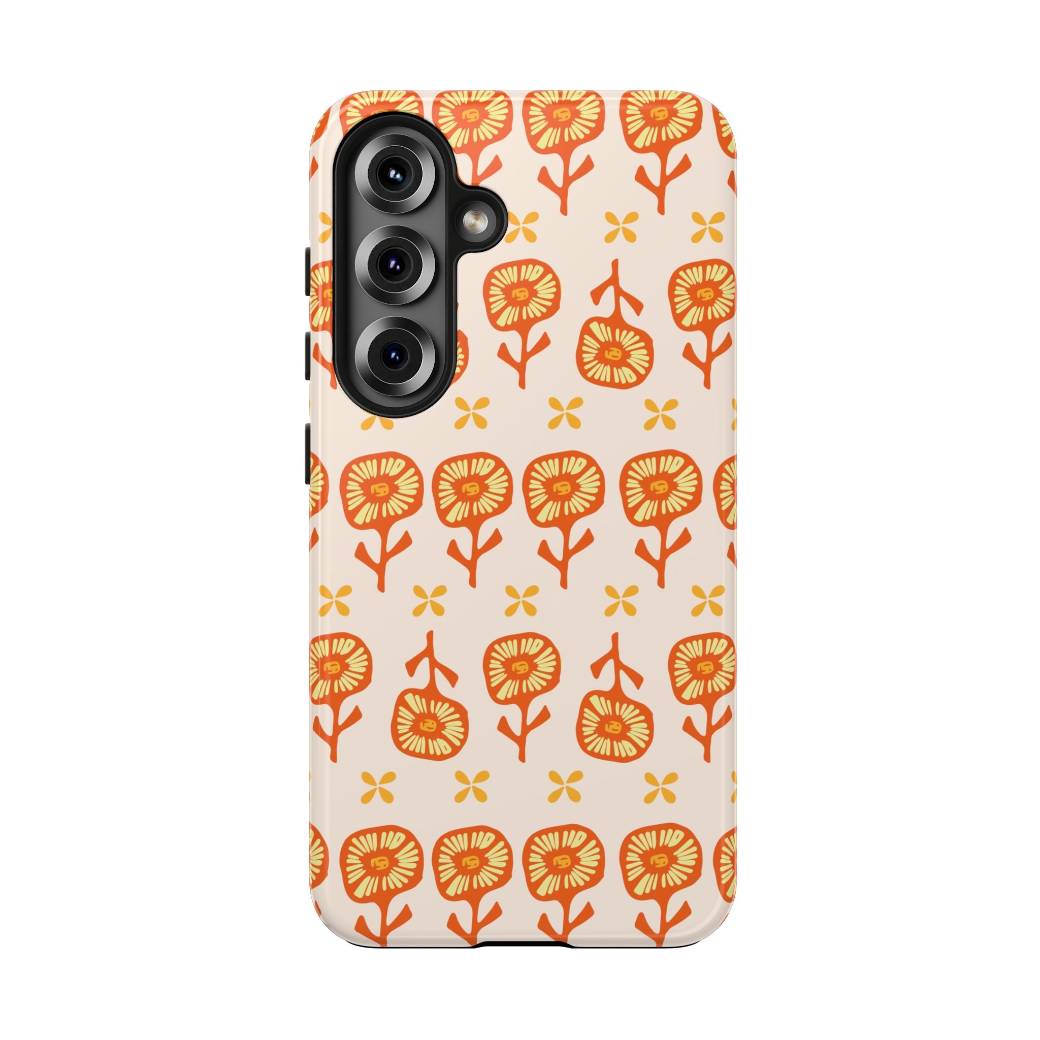 Retro Orange Floral Tough Phone Case — Durable Protective Phone Cover