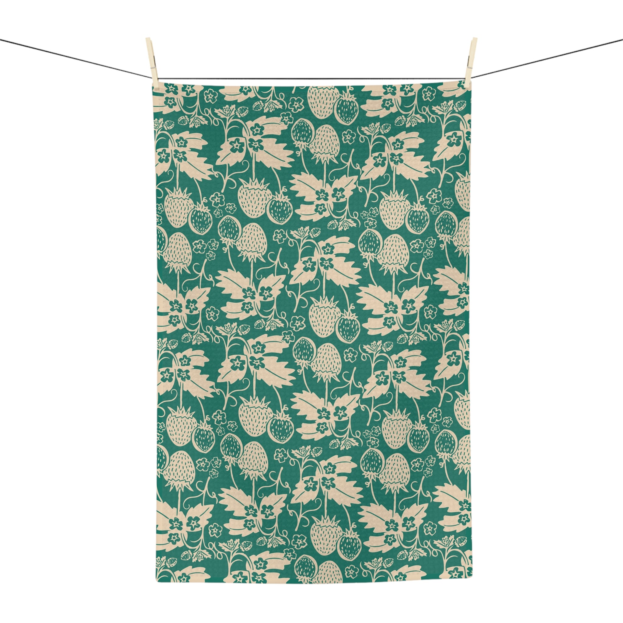 Teal Botanical Tea Towel — Vintage Floral Thistle Strawberry Microfiber Kitchen Towel