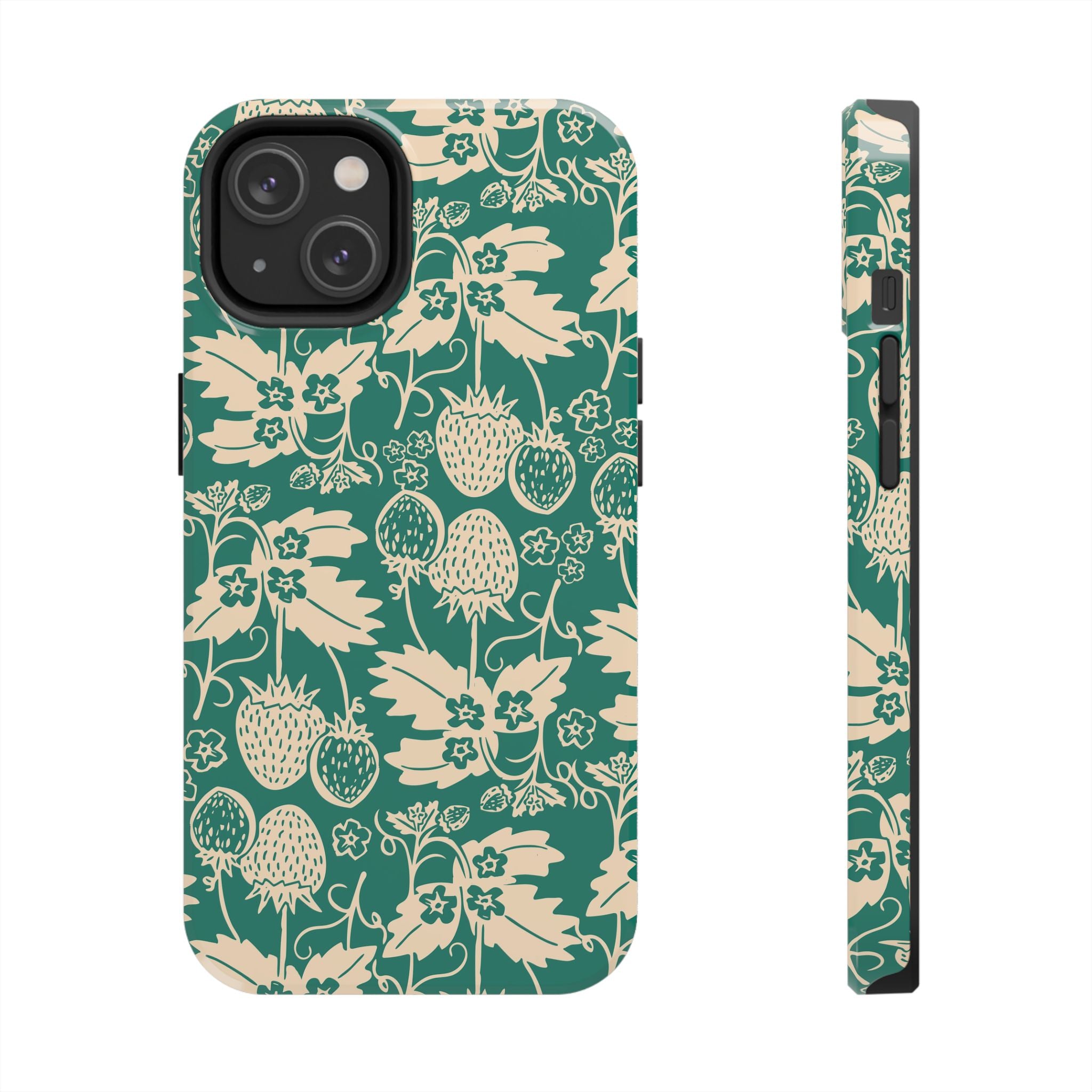 Floral Strawberry Tough Phone Case — Vintage Green Botanical Protection