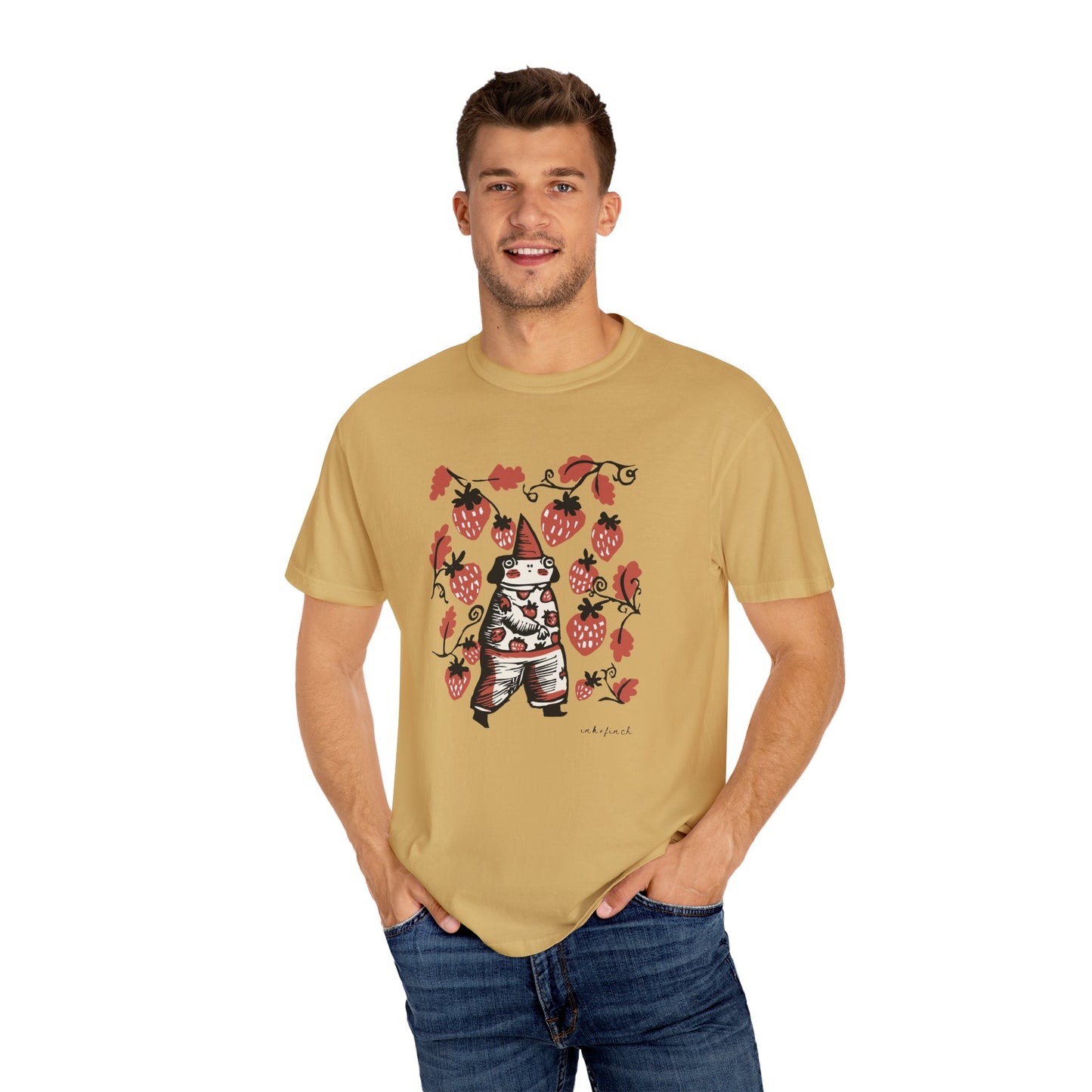 Cute Frog Gnome and Strawberry Graphic T-Shirt - Funny Goblincore Summer Tshirt