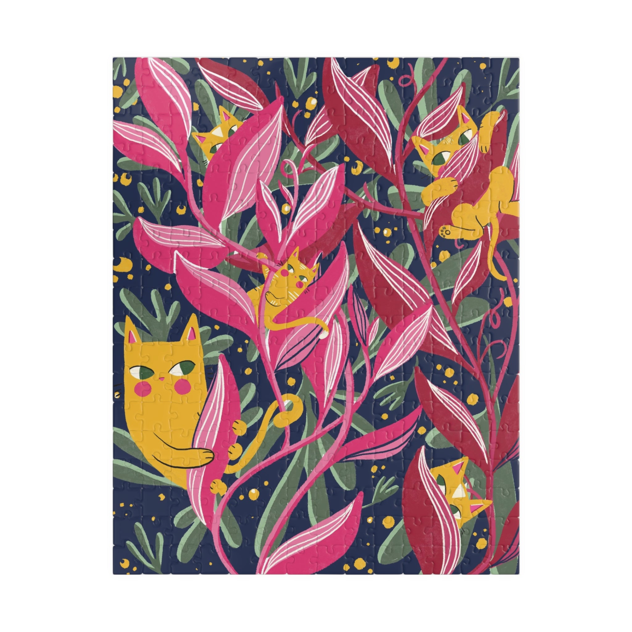 Floral Cats Jigsaw Puzzle — Vibrant Pink Leaves & Hidden Kittens (110–1014 pcs)