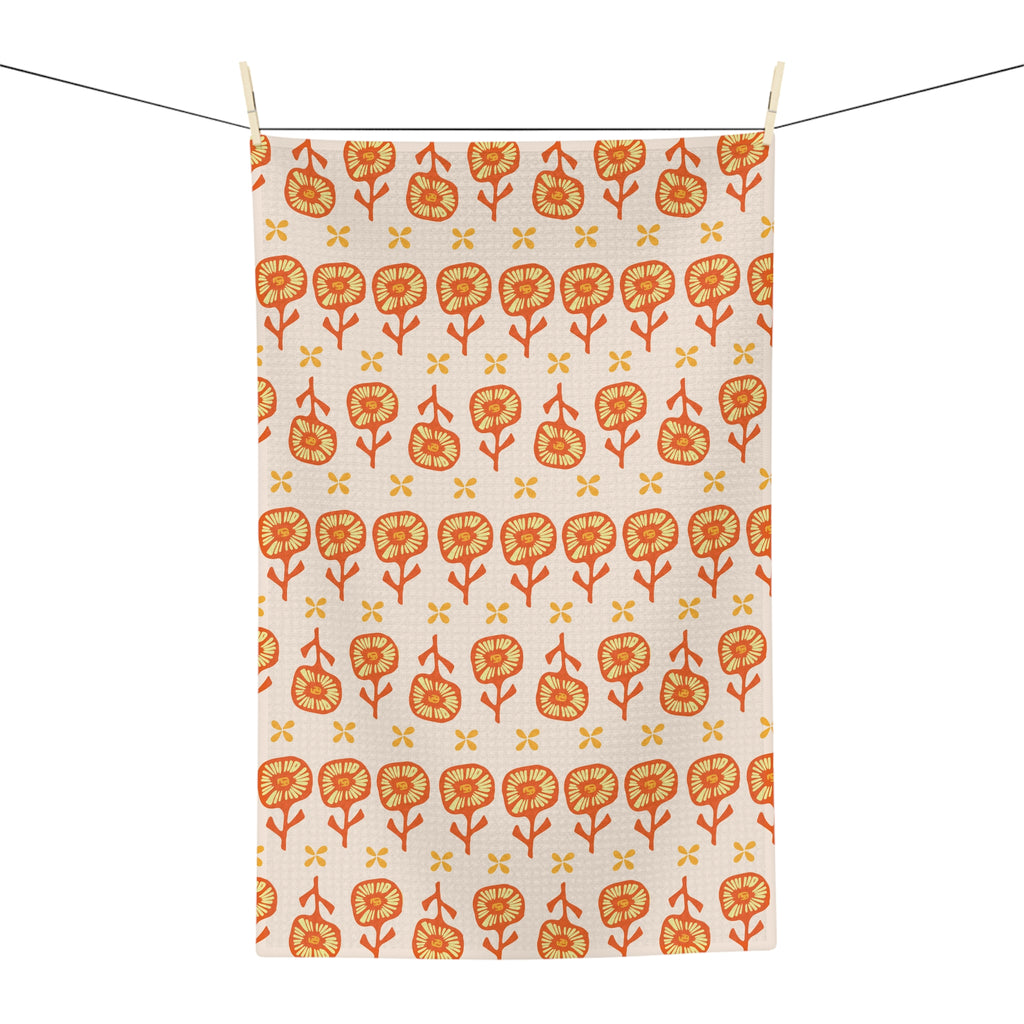 Orange Floral Pattern Tea Towel — Retro Botanical Microfiber Kitchen Towel