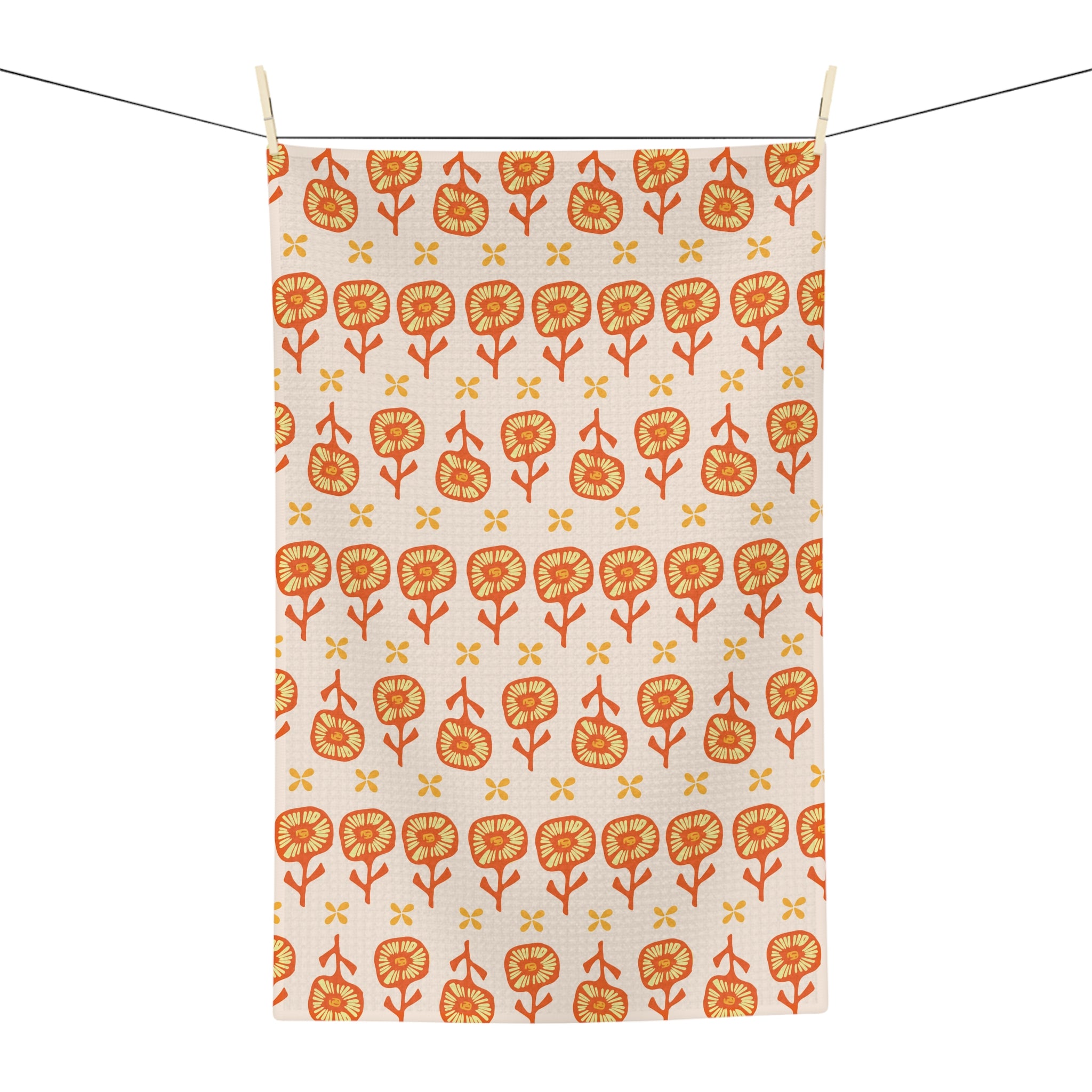 Orange Floral Pattern Tea Towel — Retro Botanical Microfiber Kitchen Towel