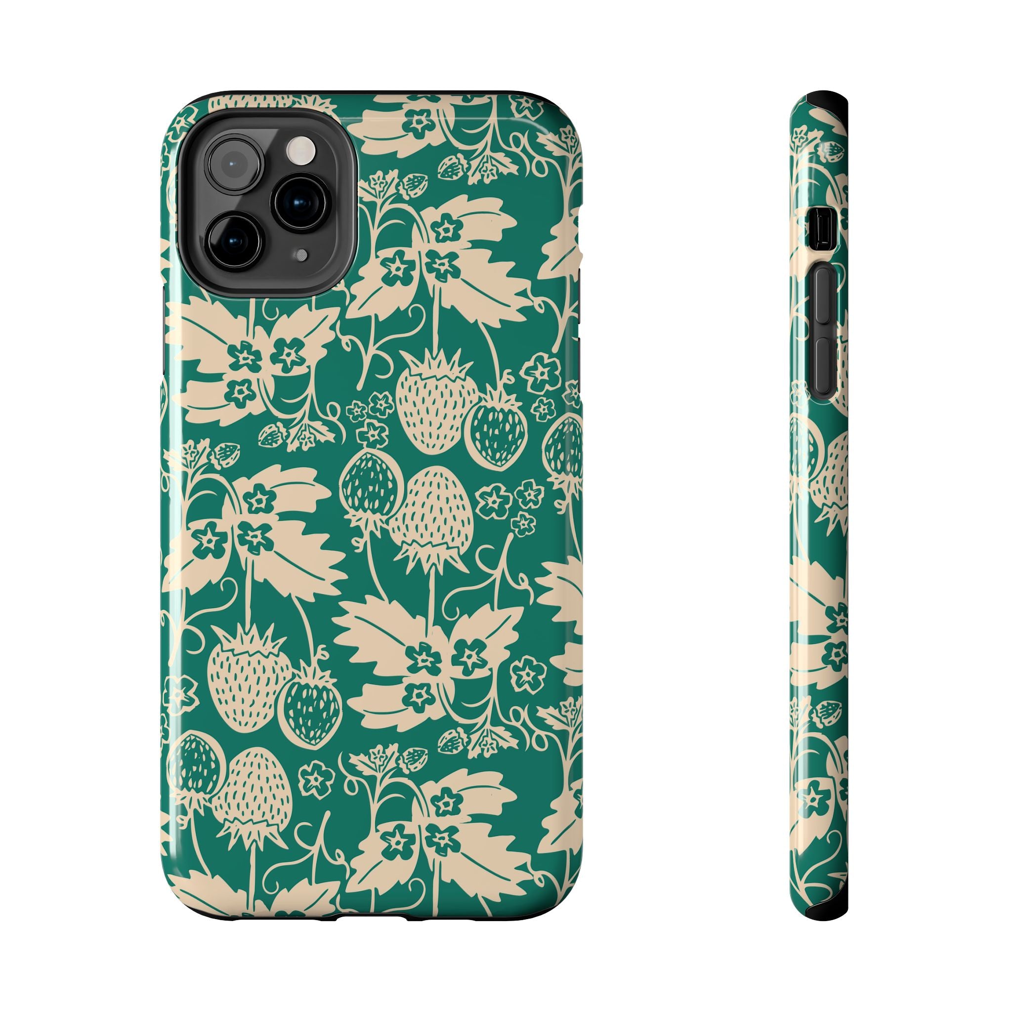Floral Strawberry Tough Phone Case — Vintage Green Botanical Protection