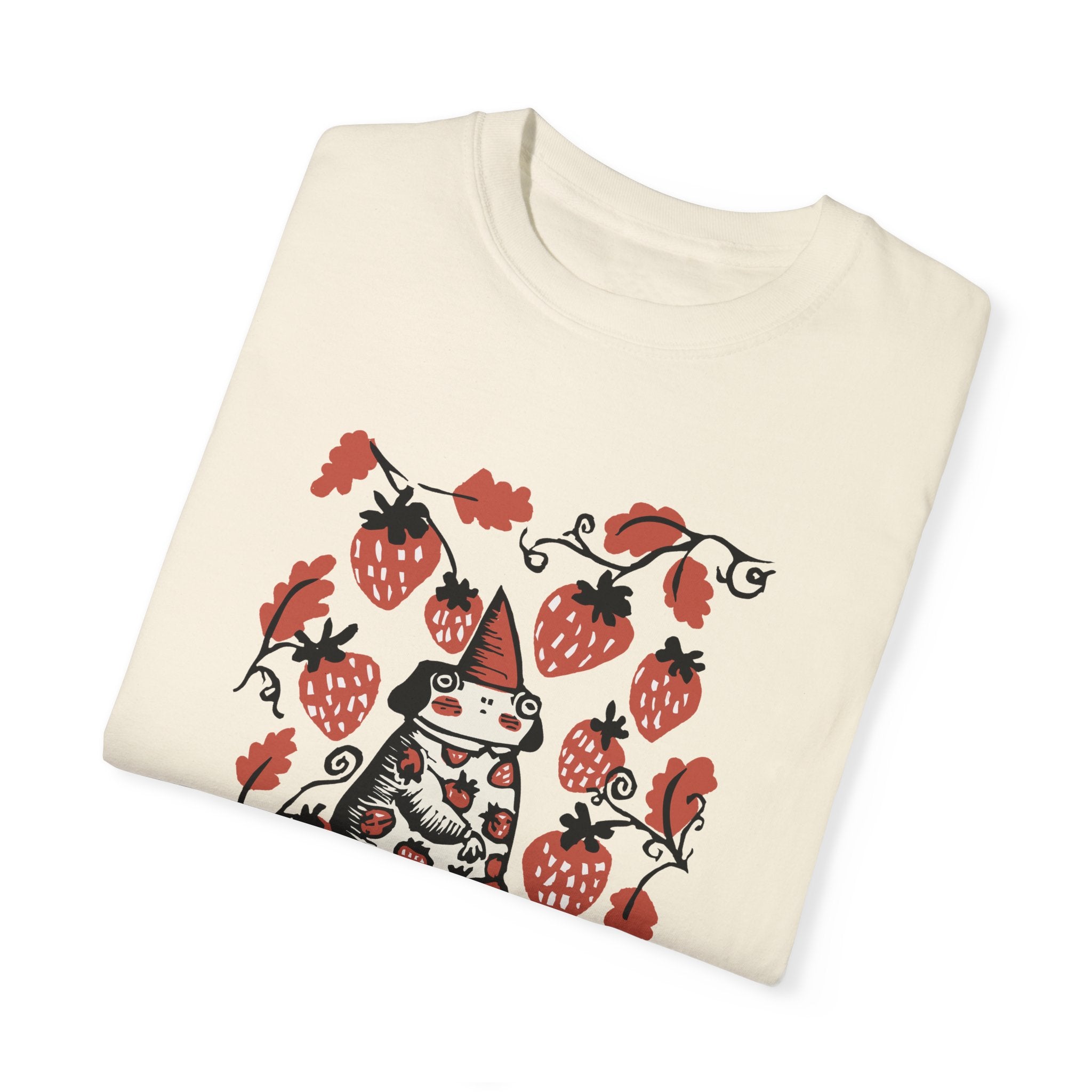 Cute Frog Gnome and Strawberry Graphic T-Shirt - Funny Goblincore Summer Tshirt