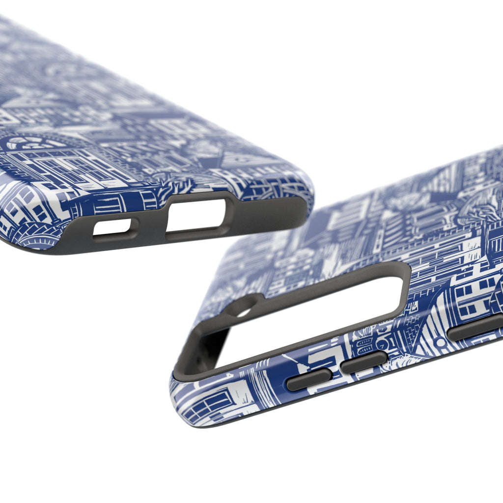Doorway Cottage Pattern Tough Phone Case — Blue Architectural Houses Protective Cover