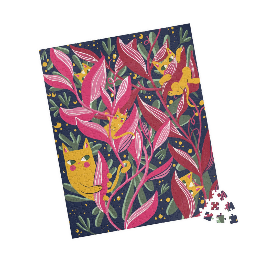 Floral Cats Jigsaw Puzzle — Vibrant Pink Leaves & Hidden Kittens (110–1014 pcs)