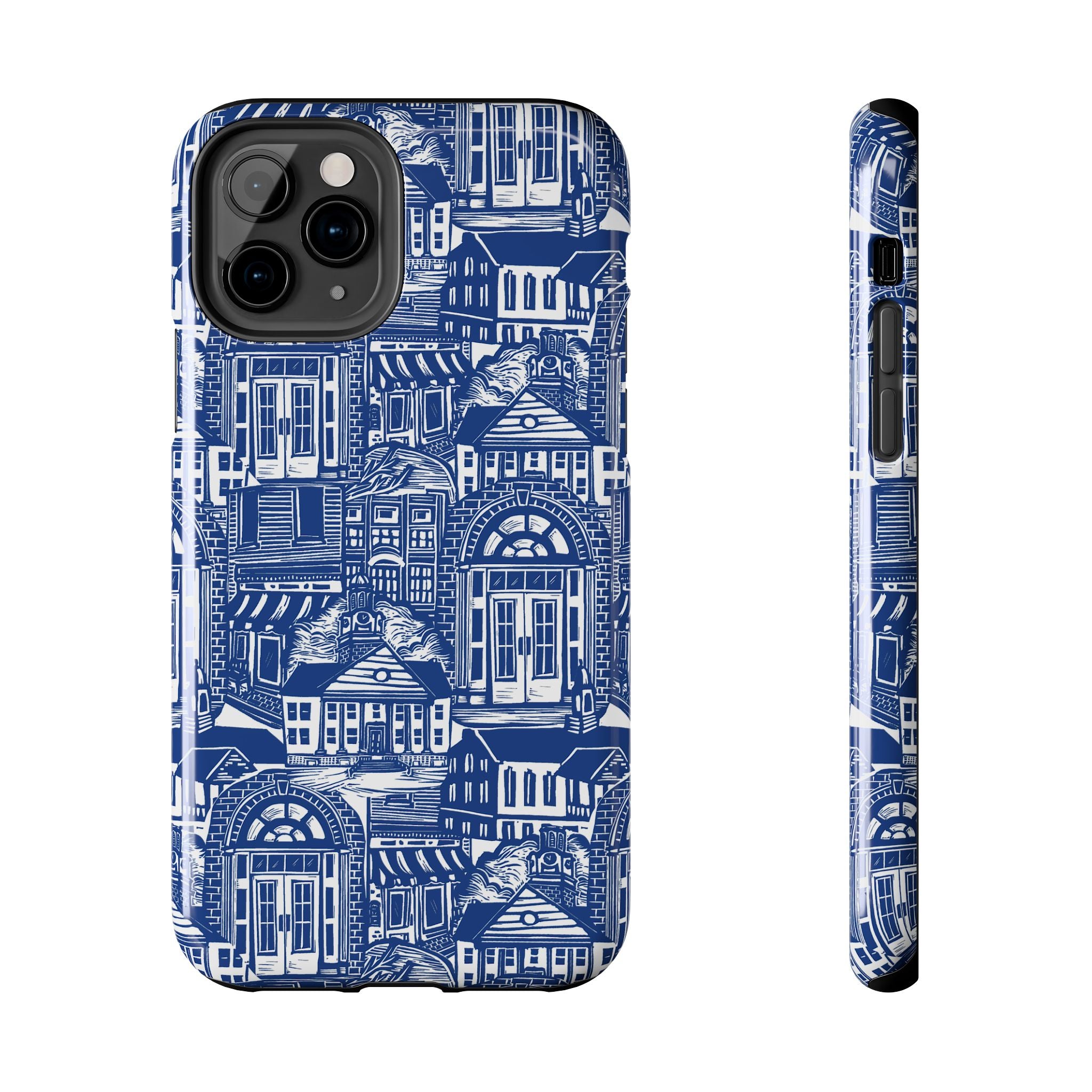 Doorway Cottage Pattern Tough Phone Case — Blue Architectural Houses Protective Cover