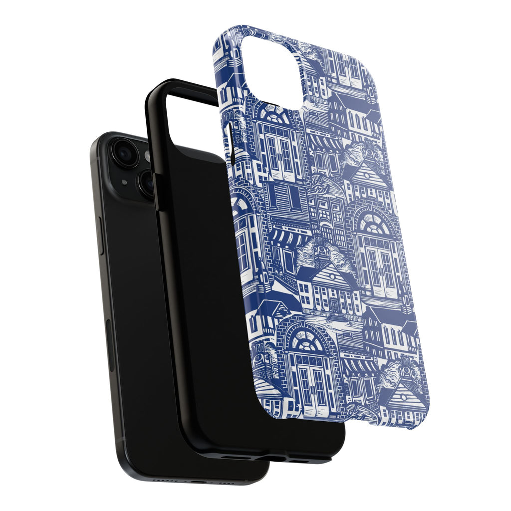 Doorway Cottage Pattern Tough Phone Case — Blue Architectural Houses Protective Cover