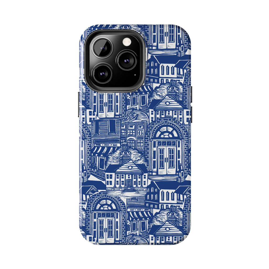 Doorway Cottage Pattern Tough Phone Case — Blue Architectural Houses Protective Cover