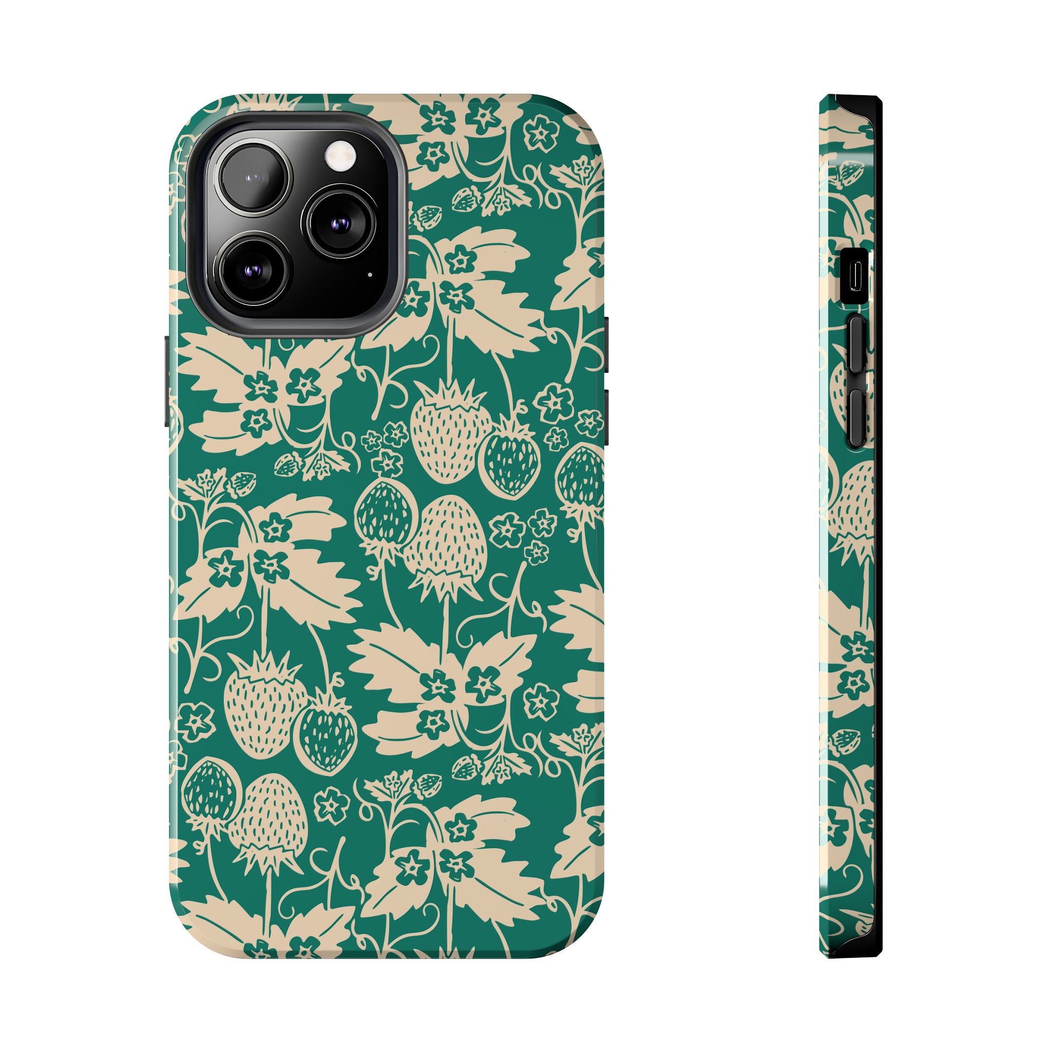 Floral Strawberry Tough Phone Case — Vintage Green Botanical Protection