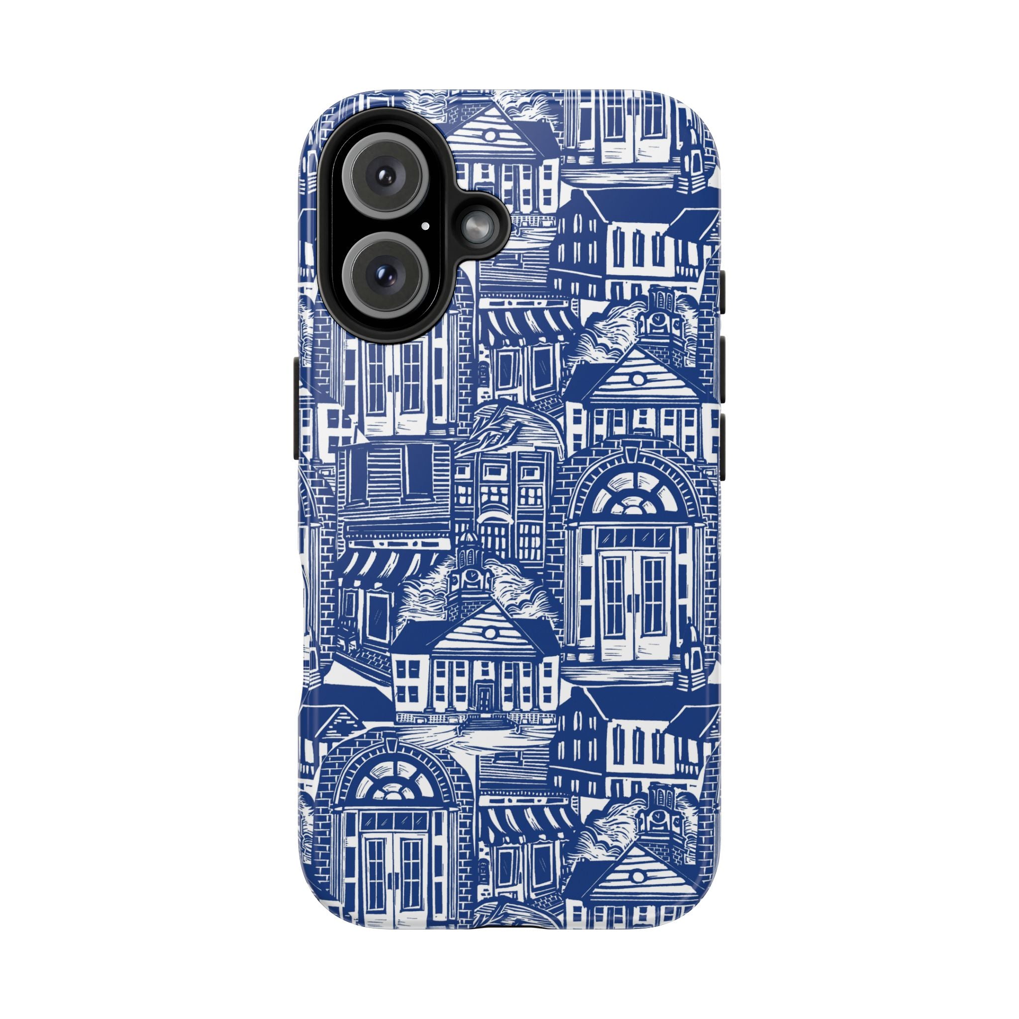 Doorway Cottage Pattern Tough Phone Case — Blue Architectural Houses Protective Cover