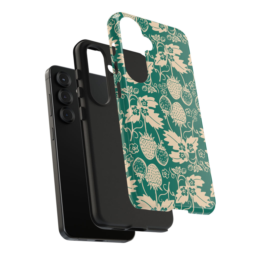 Floral Strawberry Tough Phone Case — Vintage Green Botanical Protection