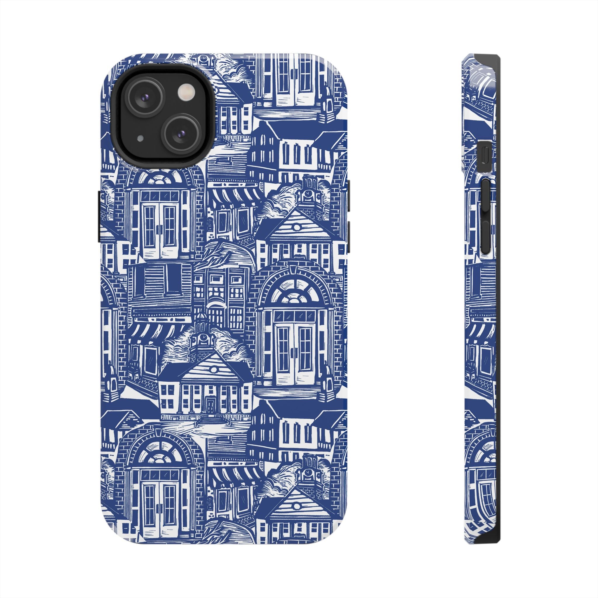 Doorway Cottage Pattern Tough Phone Case — Blue Architectural Houses Protective Cover