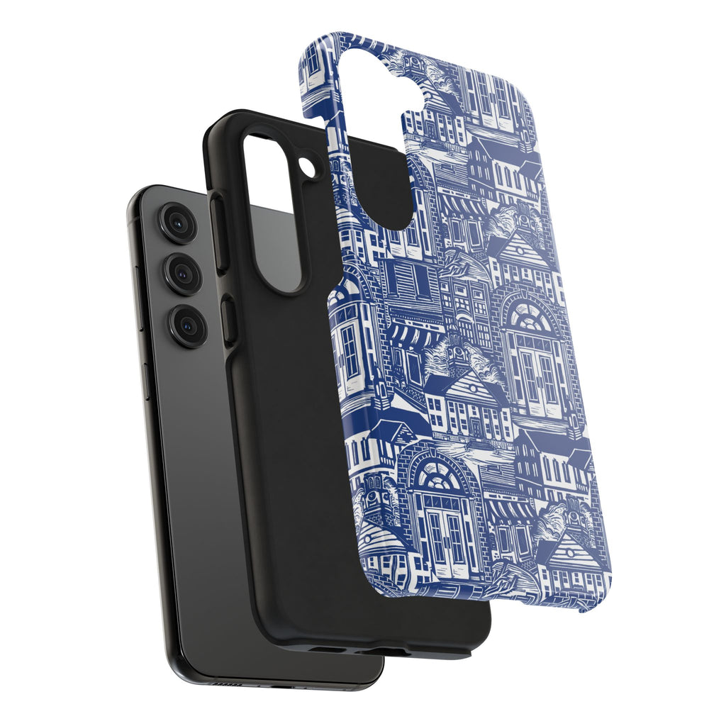 Doorway Cottage Pattern Tough Phone Case — Blue Architectural Houses Protective Cover