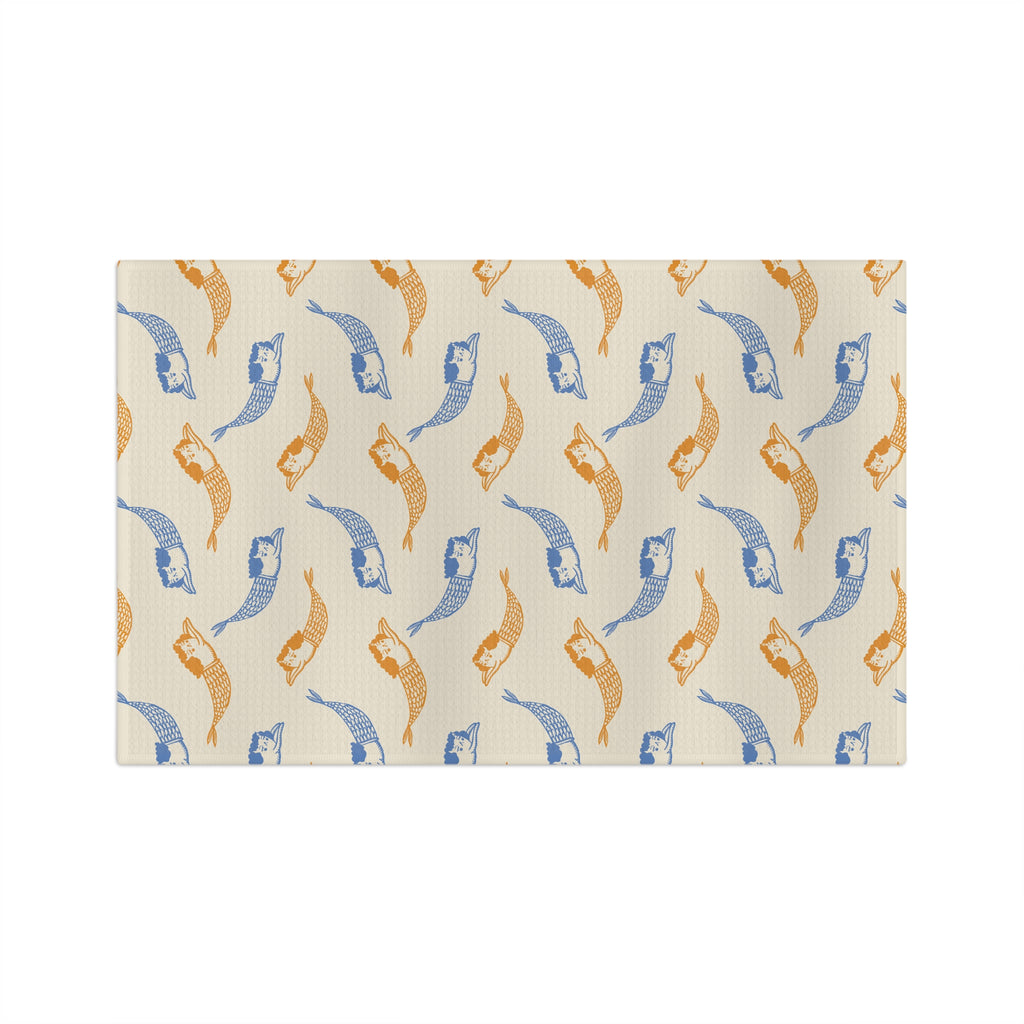 Mermaid Pattern Microfiber Tea Towel — Blue & Amber Nautical Kitchen Towel