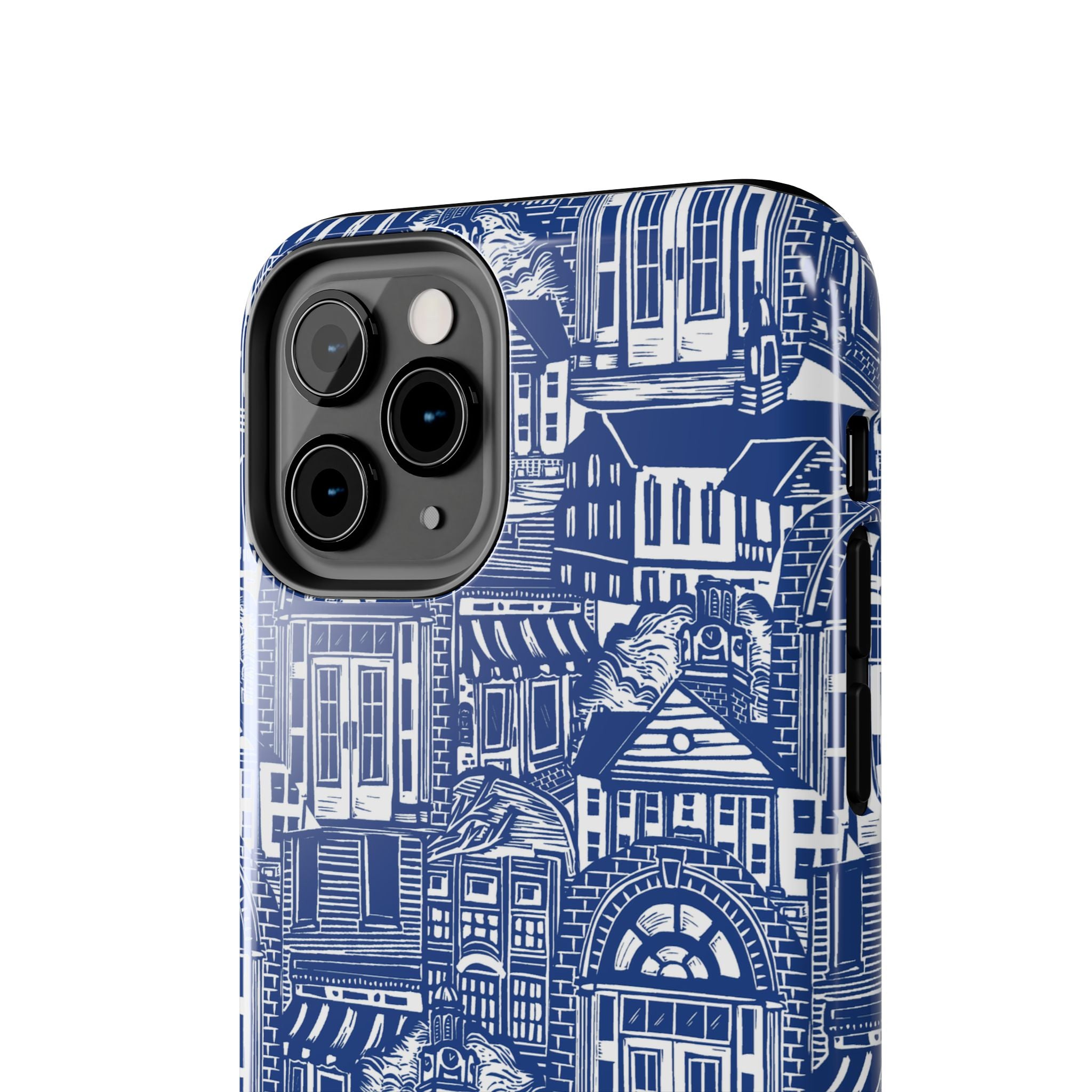 Doorway Cottage Pattern Tough Phone Case — Blue Architectural Houses Protective Cover