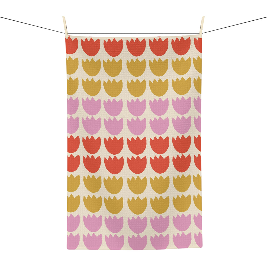 Tulip Pattern Microfiber Tea Towel — Retro Pink, Coral & Mustard Kitchen Towel